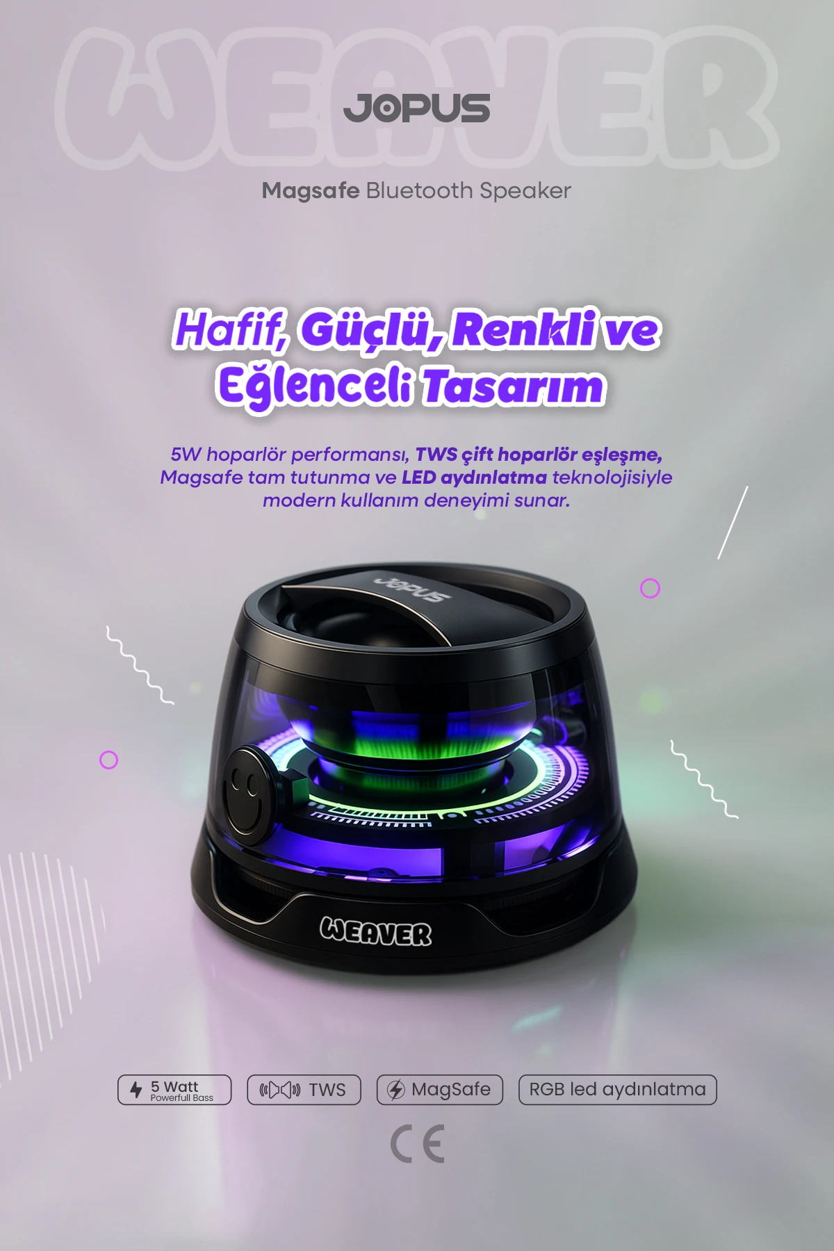 Jopus Weaver Magsafe Bluetooth Hoparlör – RGB Işık, 5W Güç, TWS Çift Eşleşme, Type-C Şarj