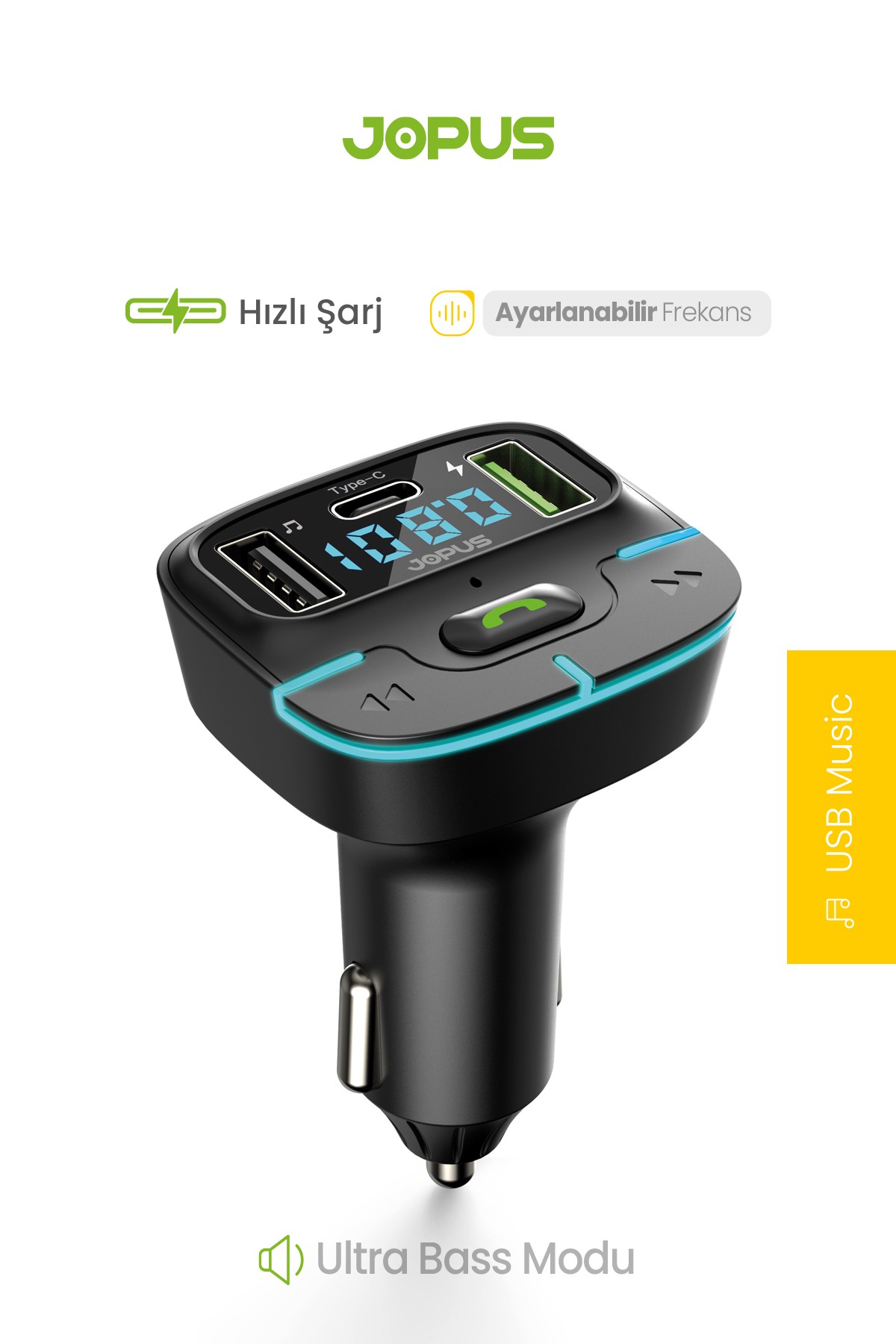 Jopus F9 Araç Fm Transmitter 5.3 Bluetooth Araç Kiti Usb Type-C Hızlı Şarj Çıkışlı Çakmaklık Girişli