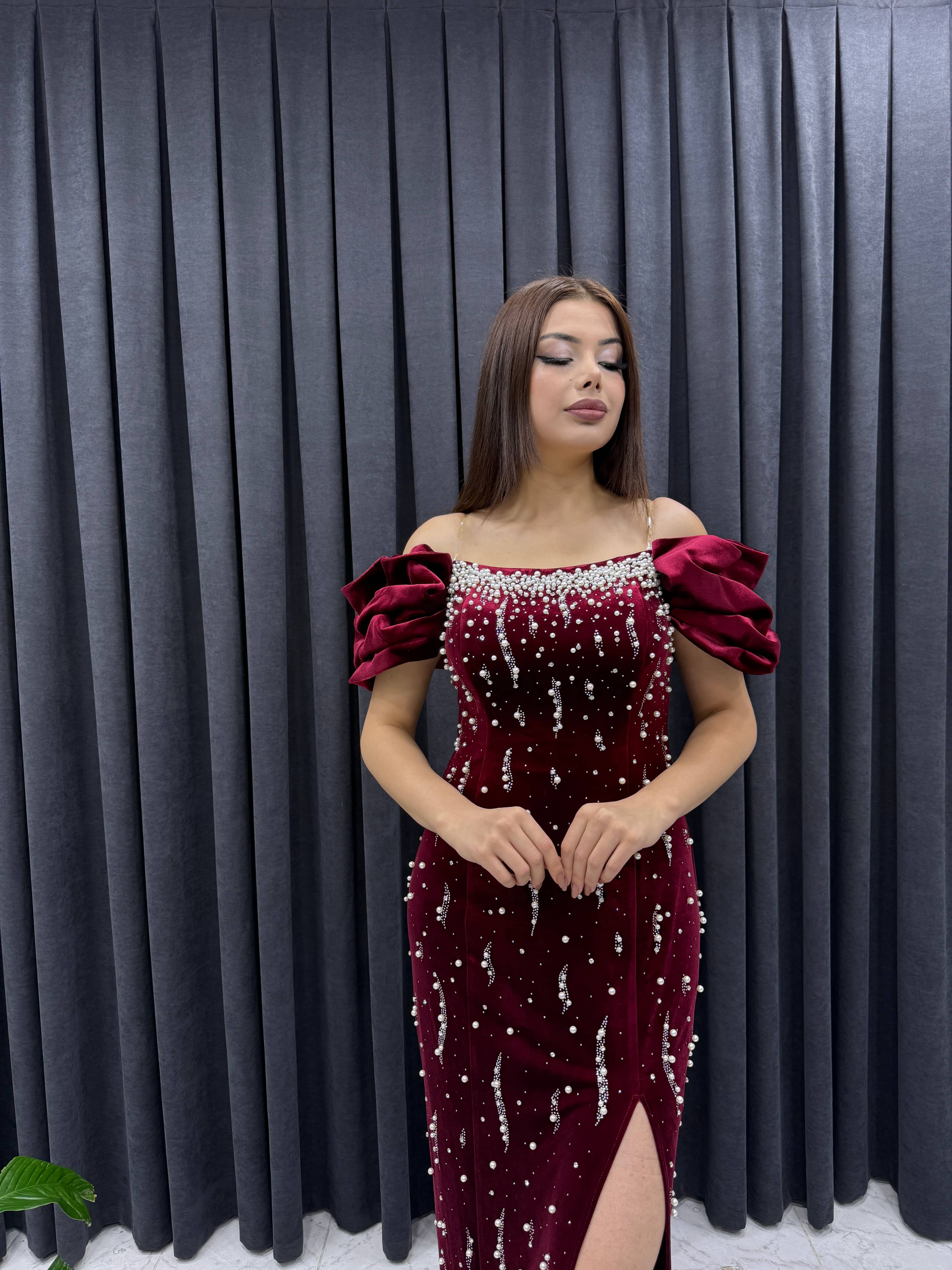 Taşlı Kadife Abiye - bordo