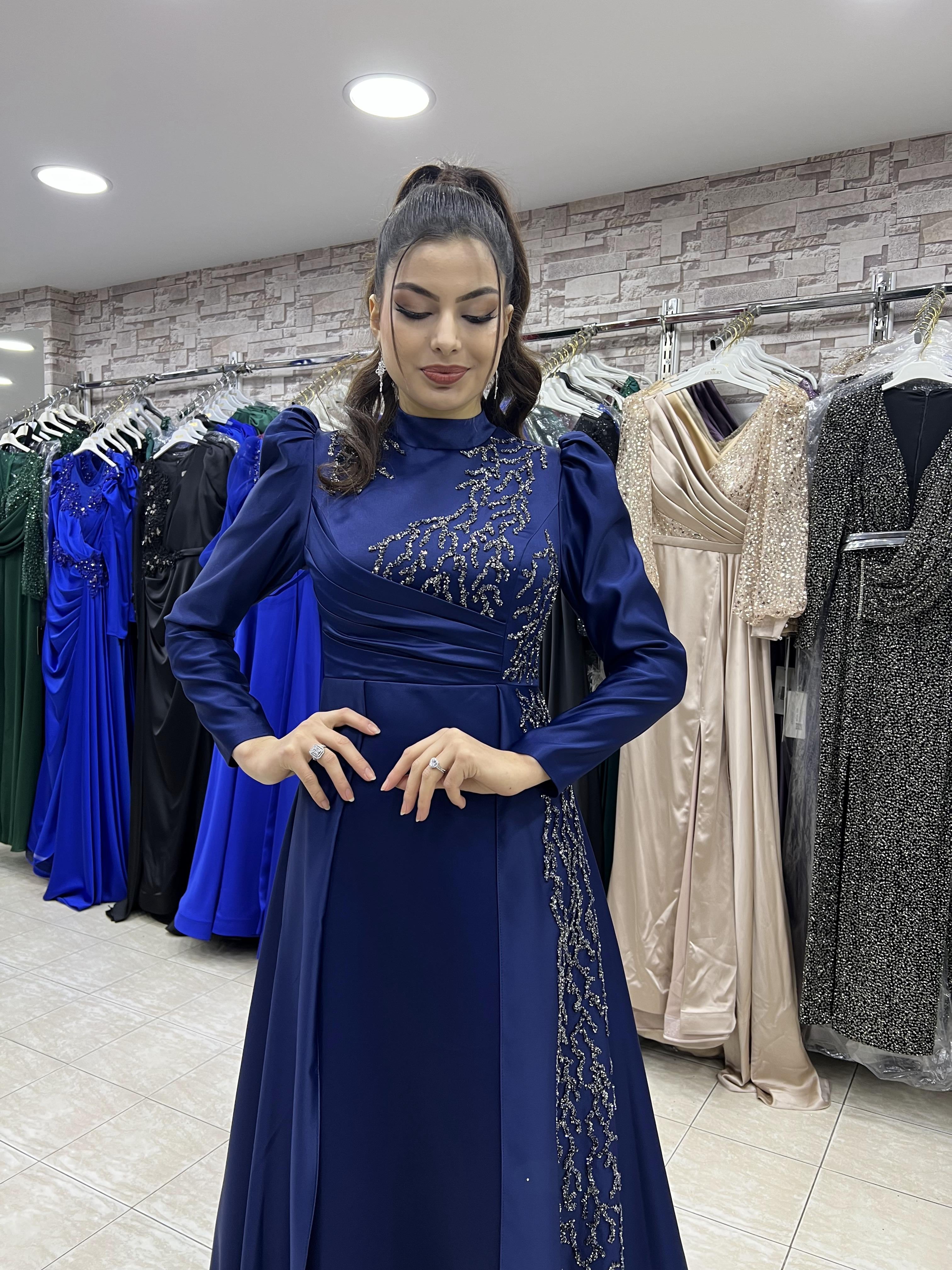 Pelerinli Taşlı Saten Abiye