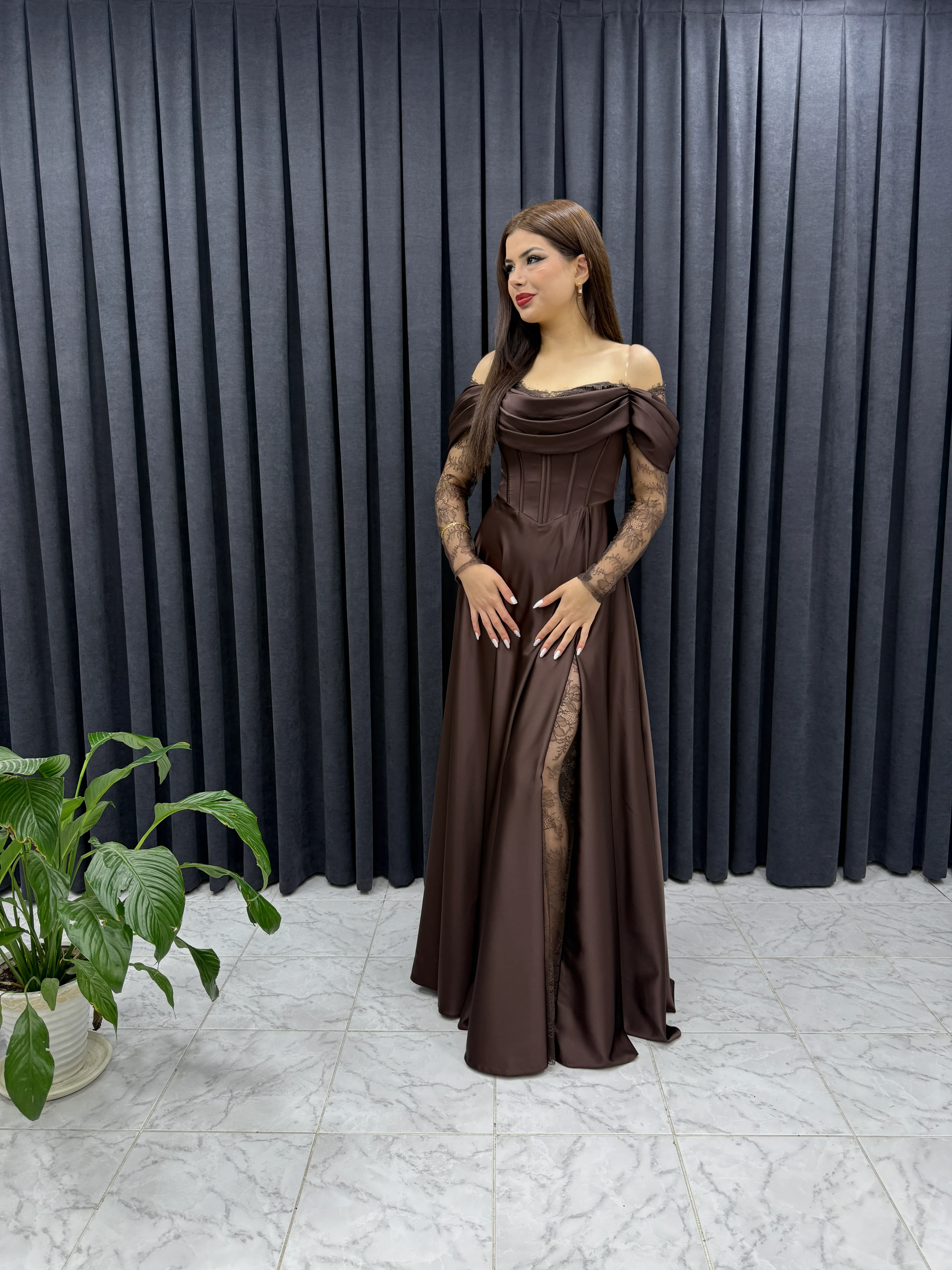 Lez Dantel Saten Abiye - kahverengi