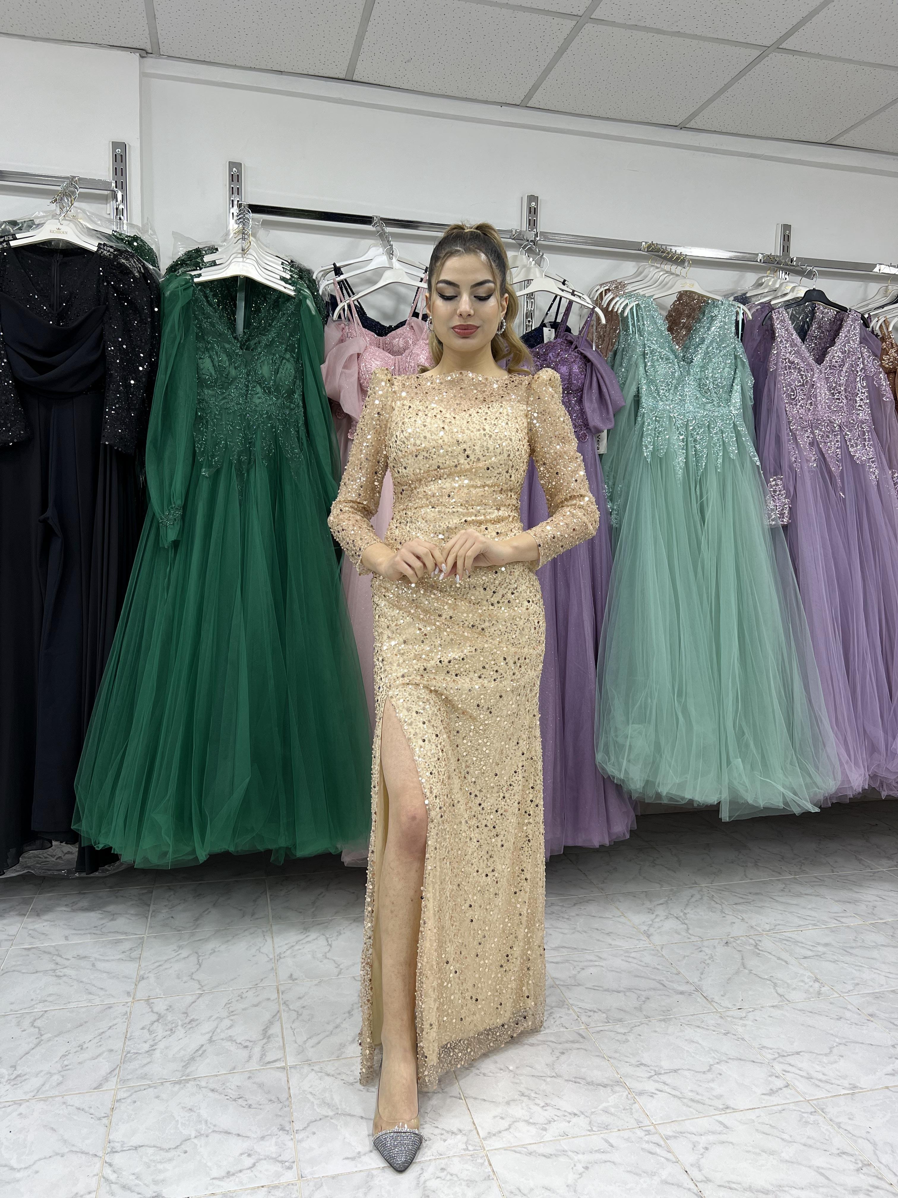 Yakası Transparan İncili Payet Abiye - gold