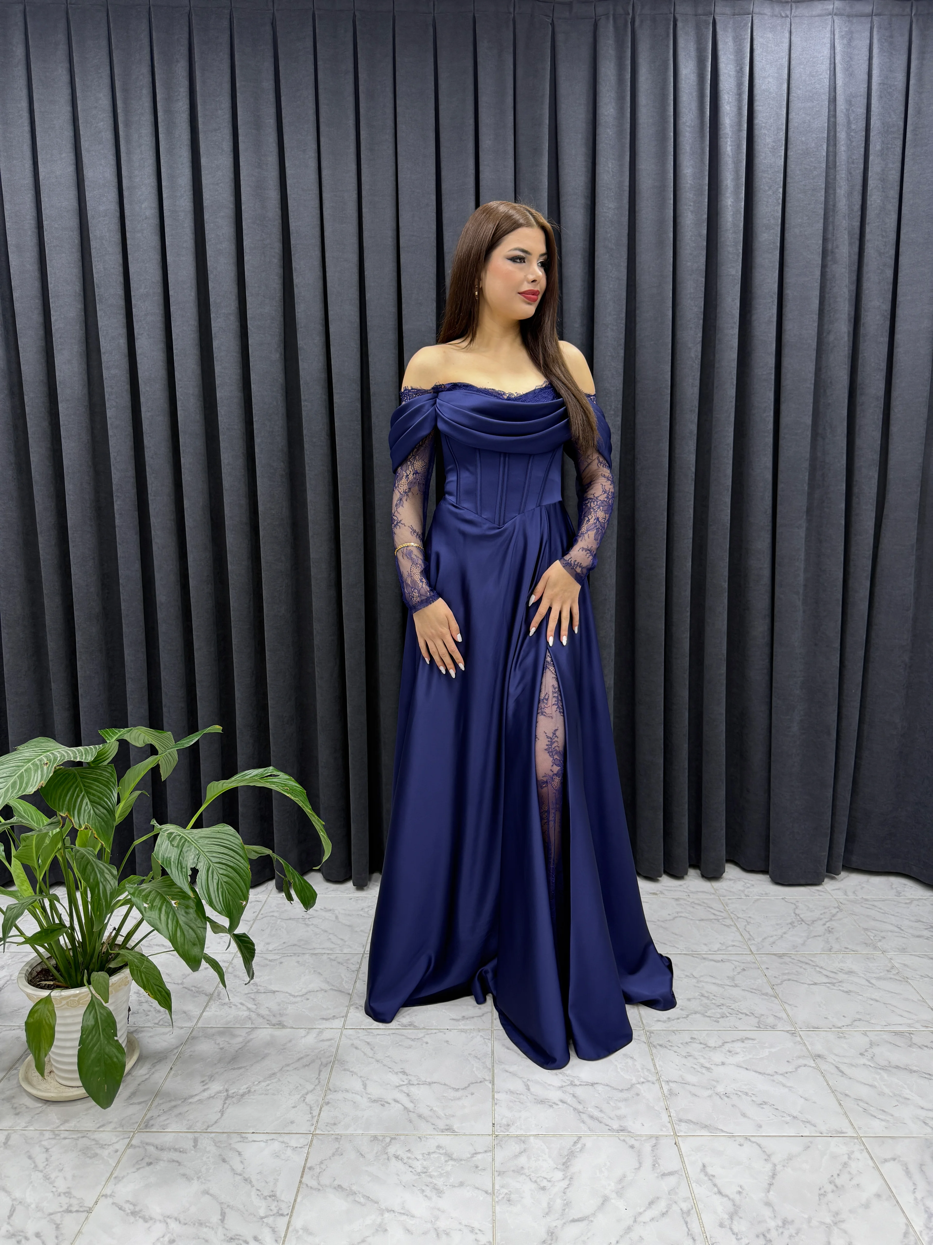 Lez Dantel Saten Abiye - lacivert