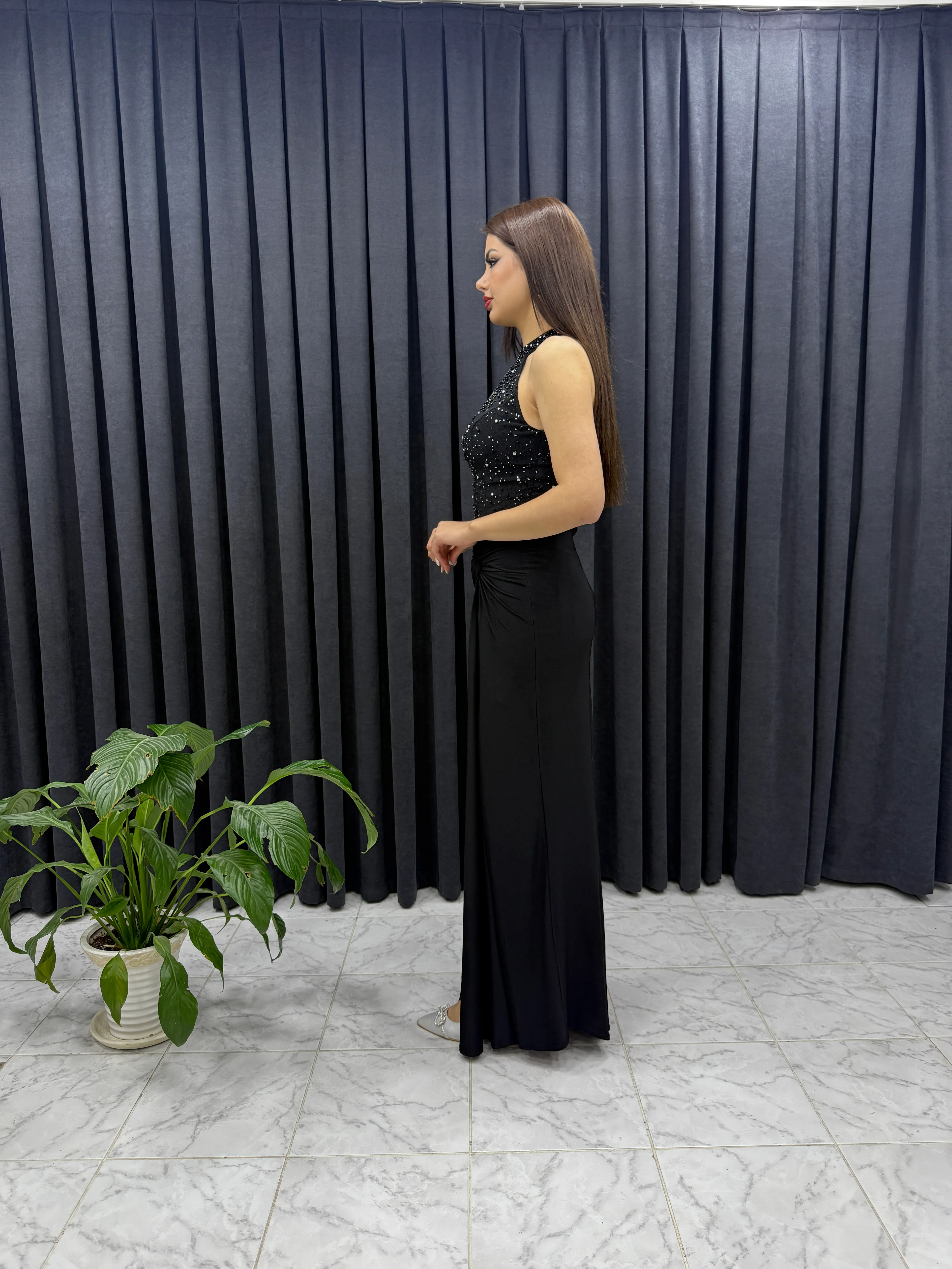 Halter Yaka Kristal Kumaş Abiye