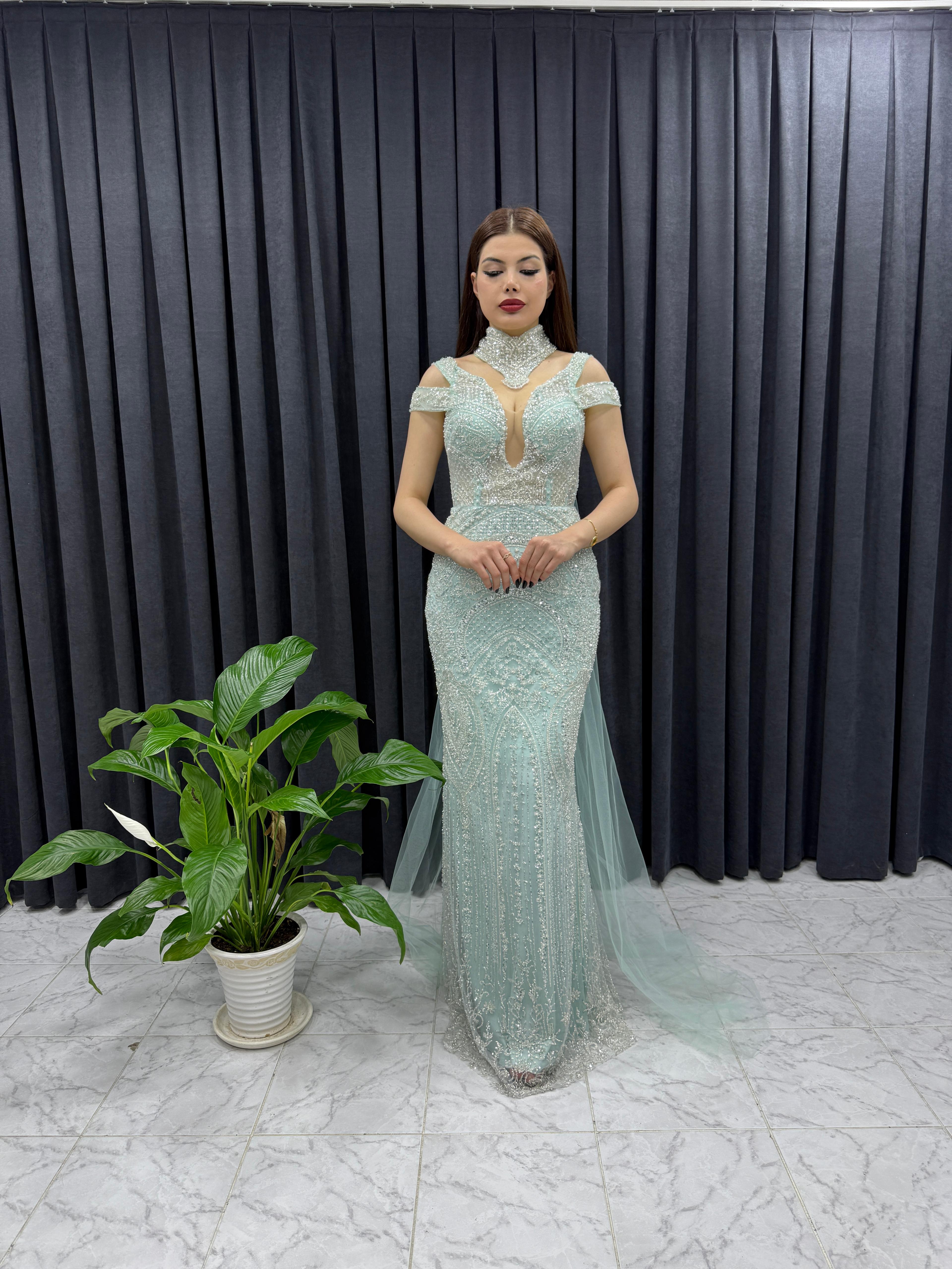 Tül Detaylı Taş İşlemeli - mint yeşili
