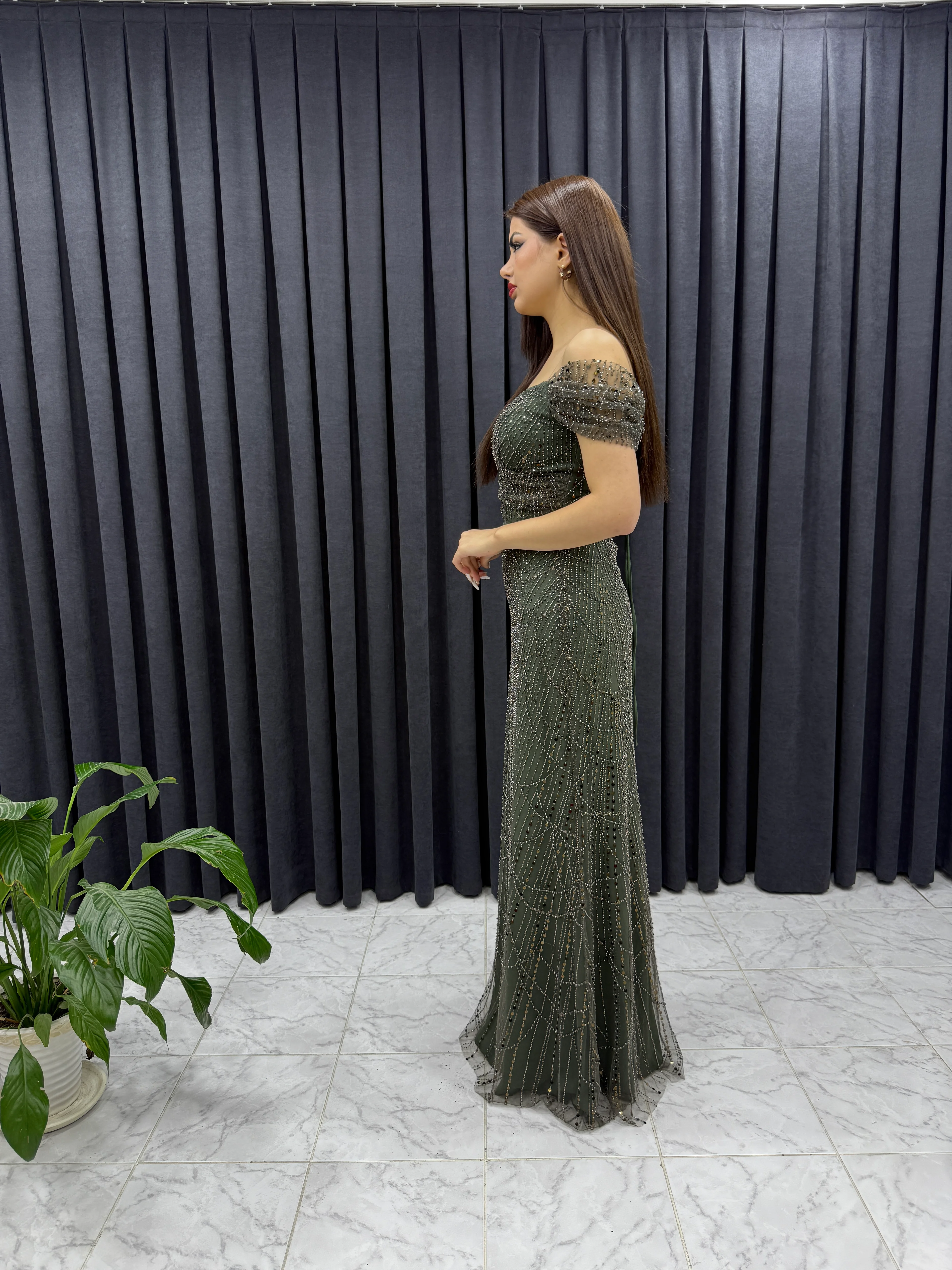 Güneş Desenli Düşük Kol Abiye