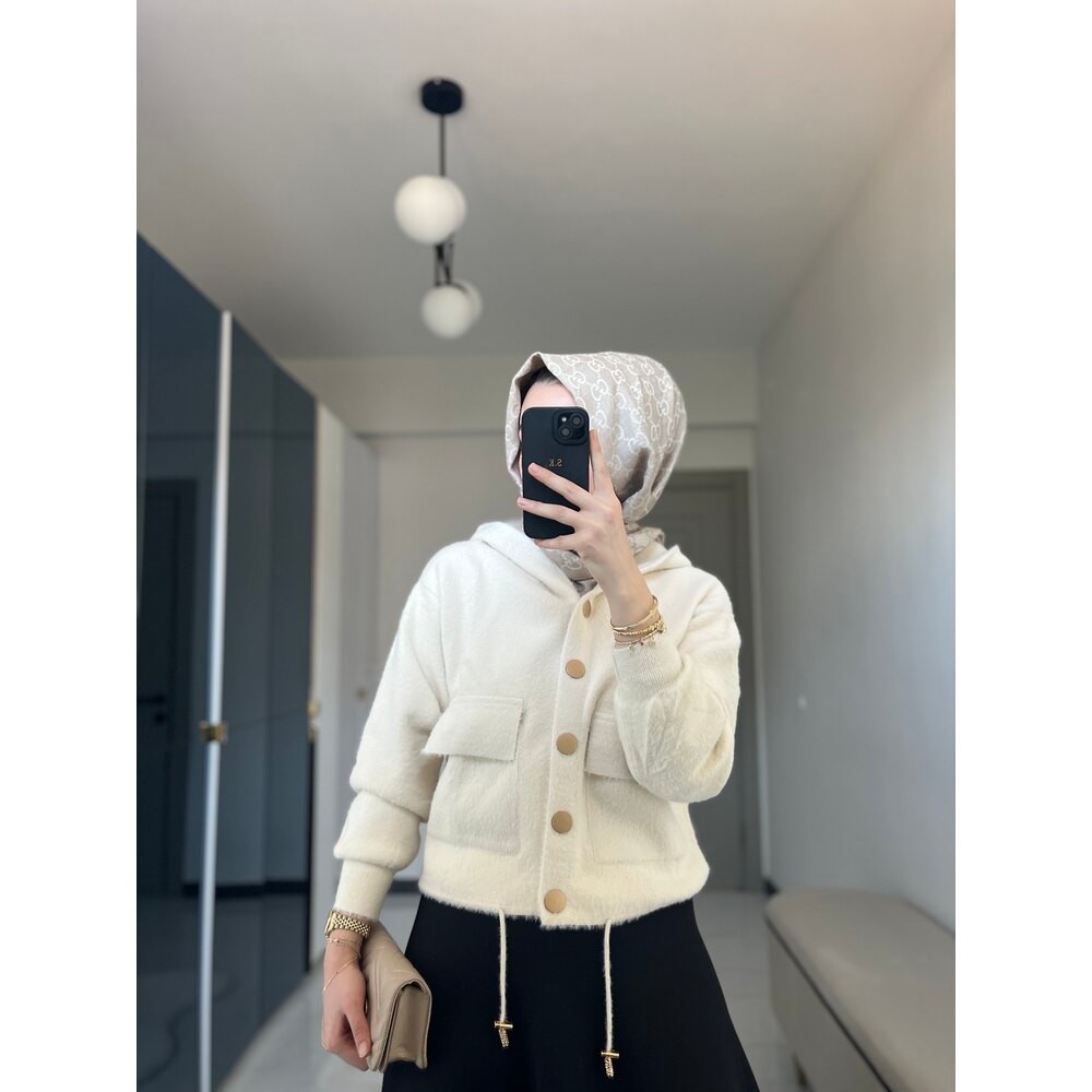Angora Kapşonlu Ceket (Ekru)