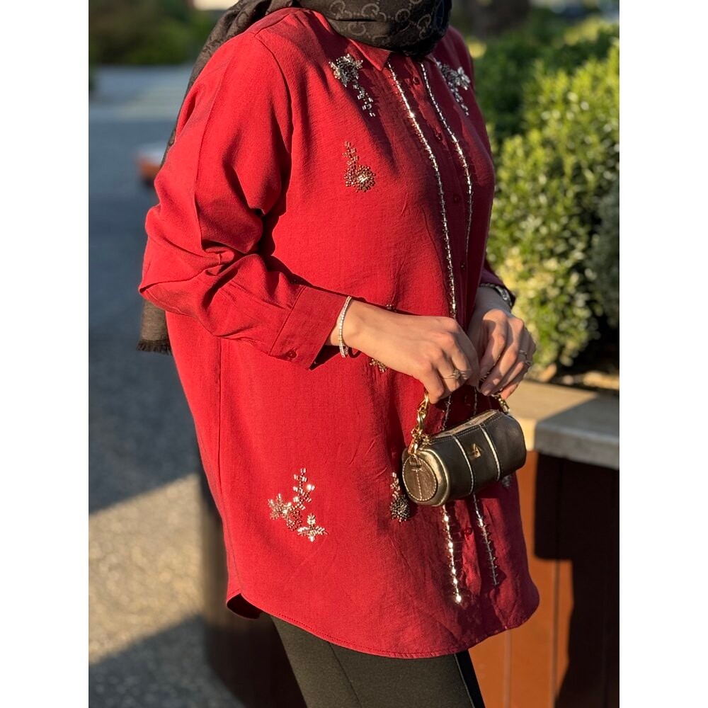 Taş İşlemeli Tensel Keten Gömlek