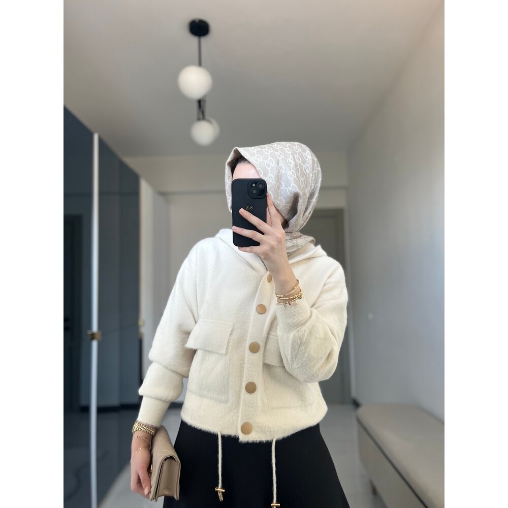 Angora Kapşonlu Ceket (Ekru)