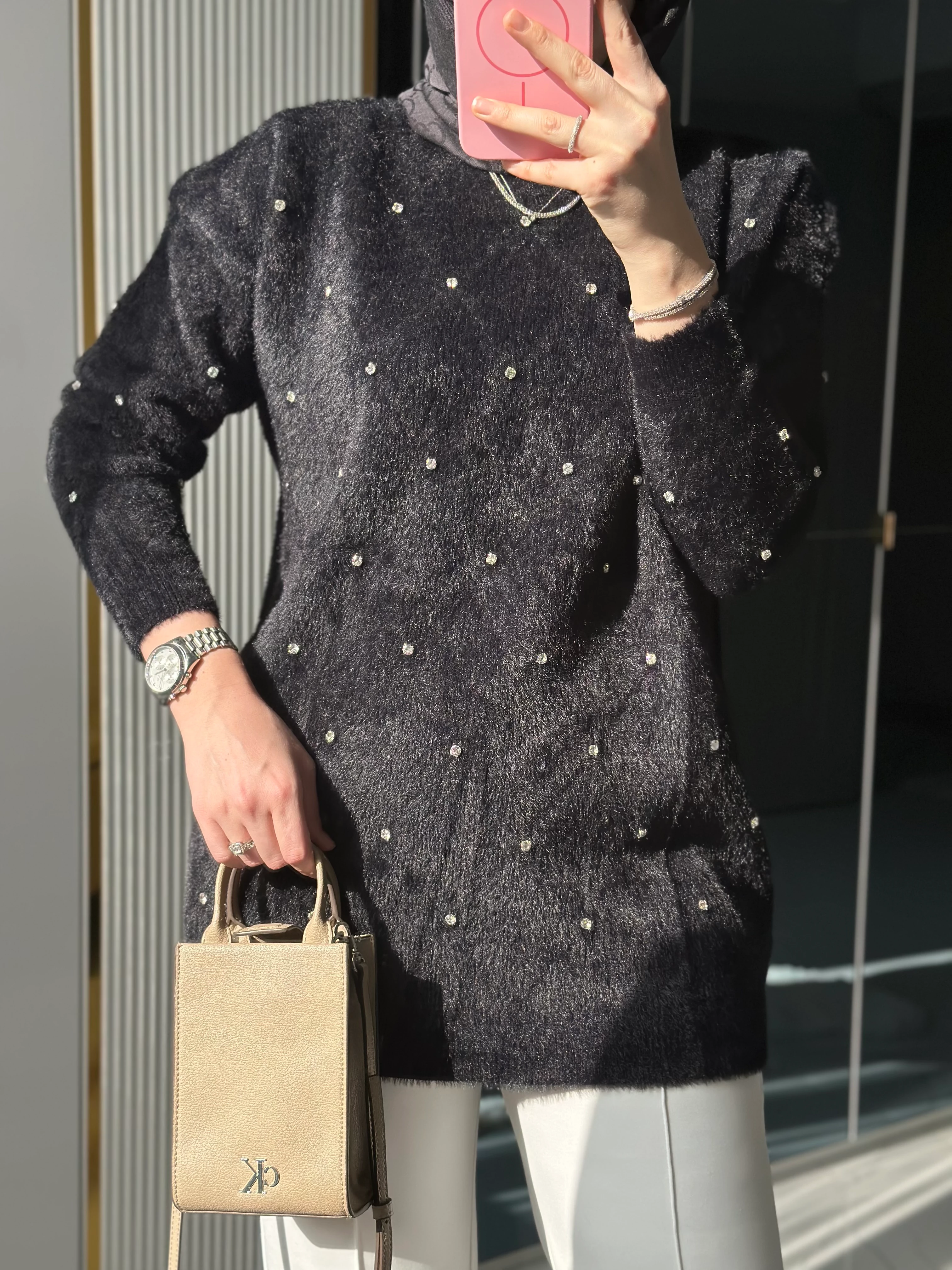 Angora Taşlı Kazak (Siyah)