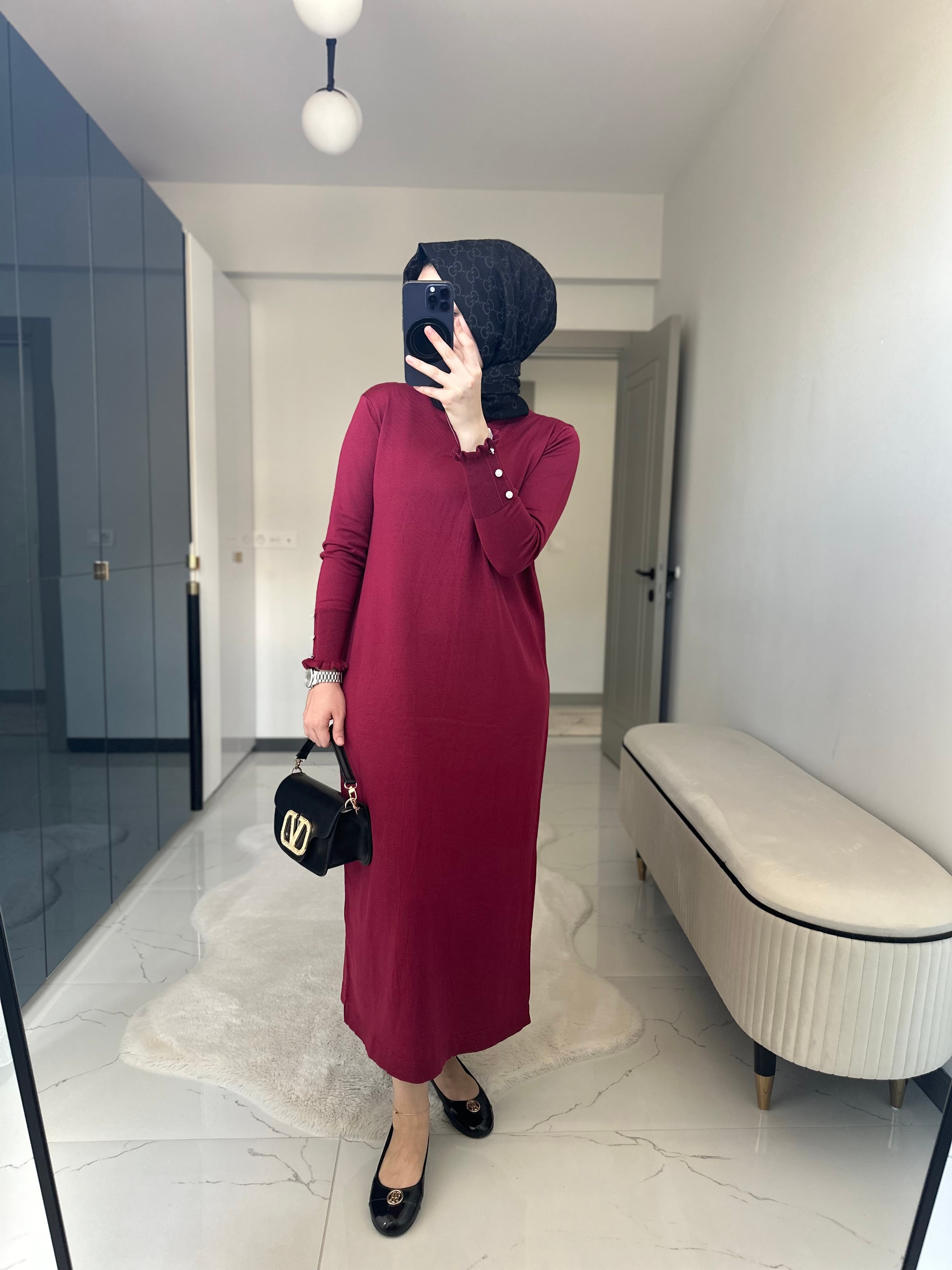 İnci Triko Elbise (Bordo)