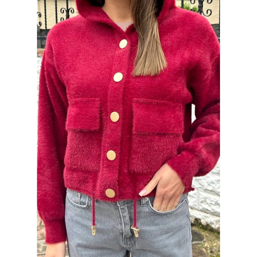 Angora Kapşonlu Ceket (Bordo)