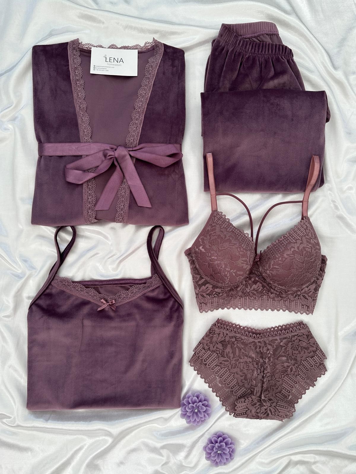 Lila Kadife Sabahlıklı 5’li Pijama Set