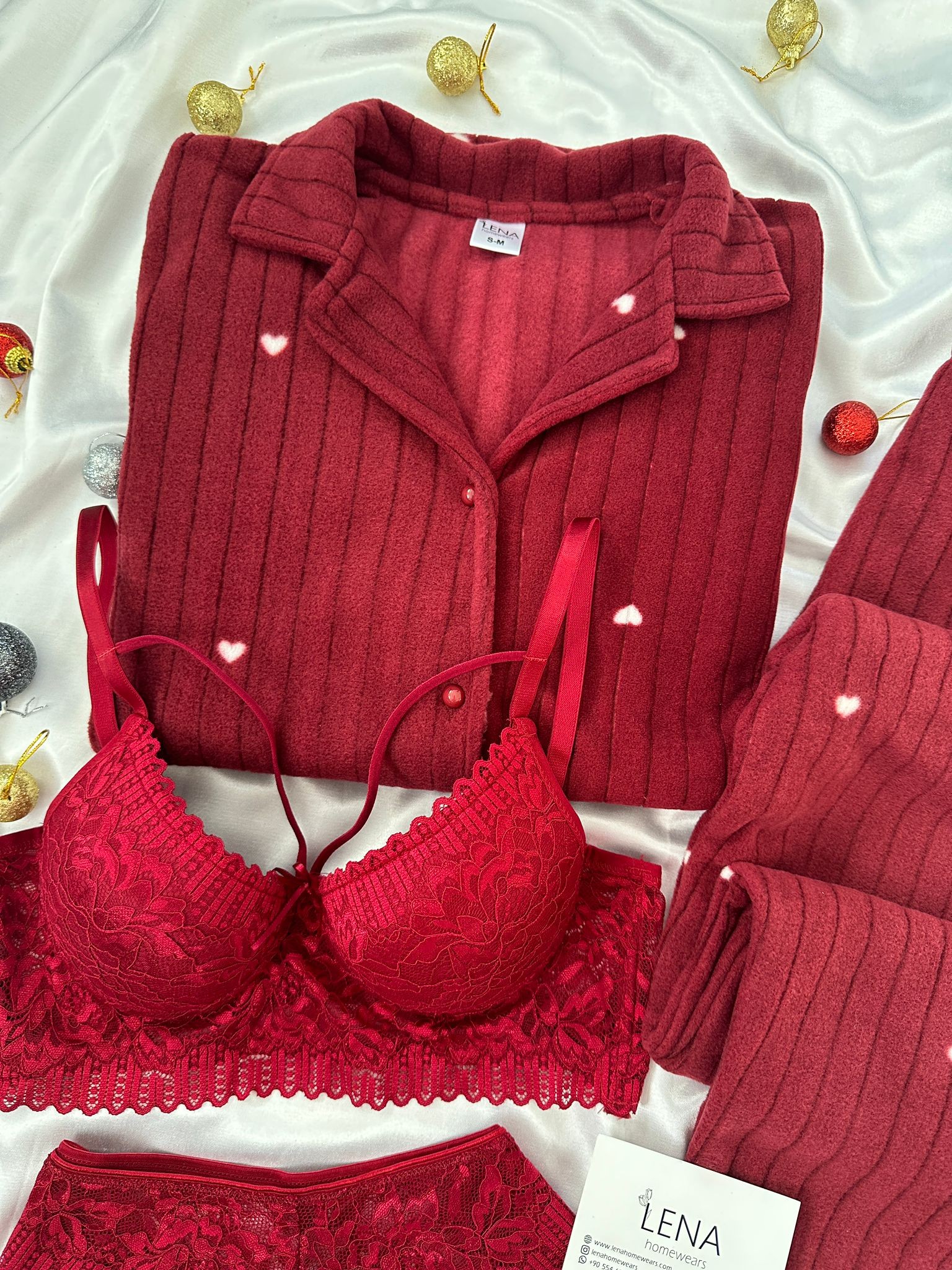 Bordo Pretty Kalp Yumoş Polar Dörtlü Pijama Seti