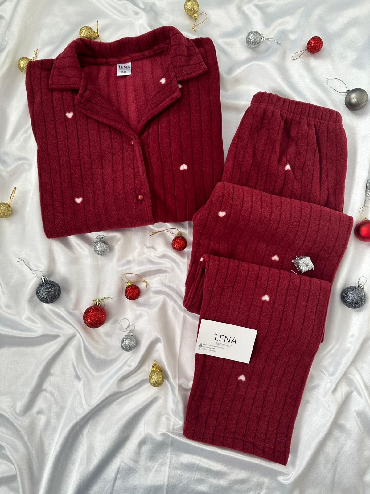 Bordo Pretty Kalp Yumoş Polar Pijama takımı 