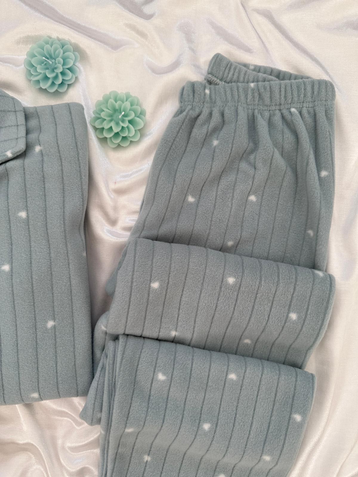 Mint Kalp Desenli Kadın Polar Pijama Takımı