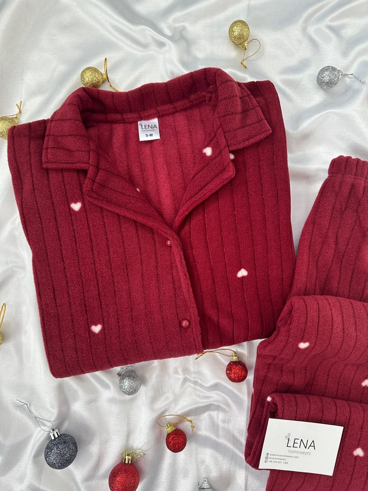 Bordo Pretty Kalp Yumoş Polar Pijama takımı 