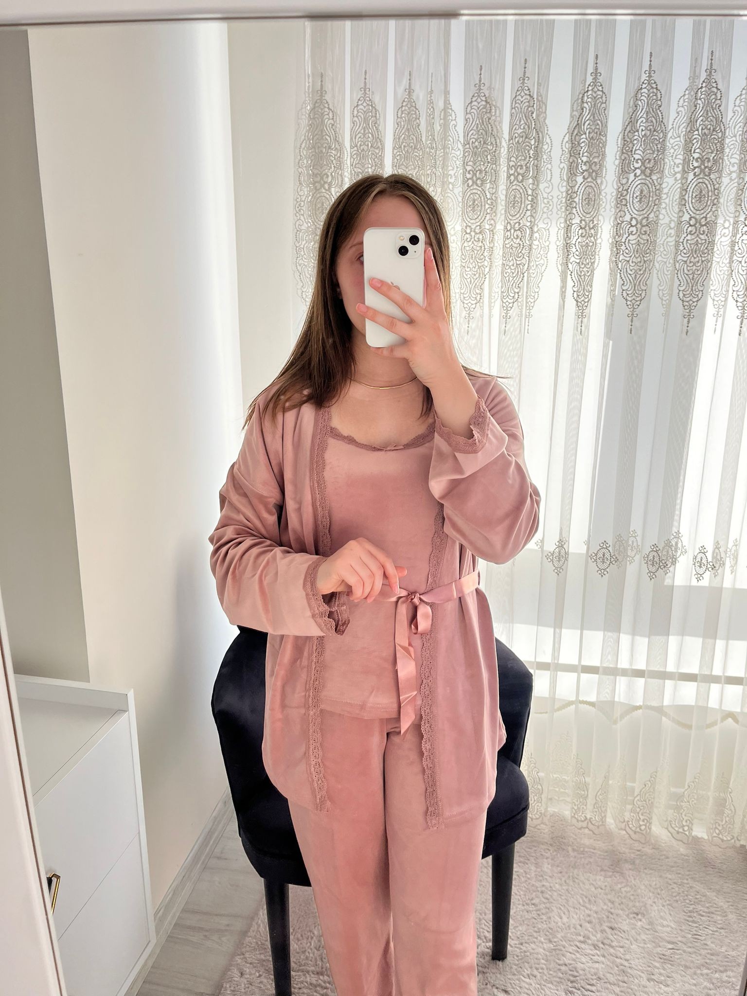 Pudra Kadife Sabahlıklı 5’li Pijama Set