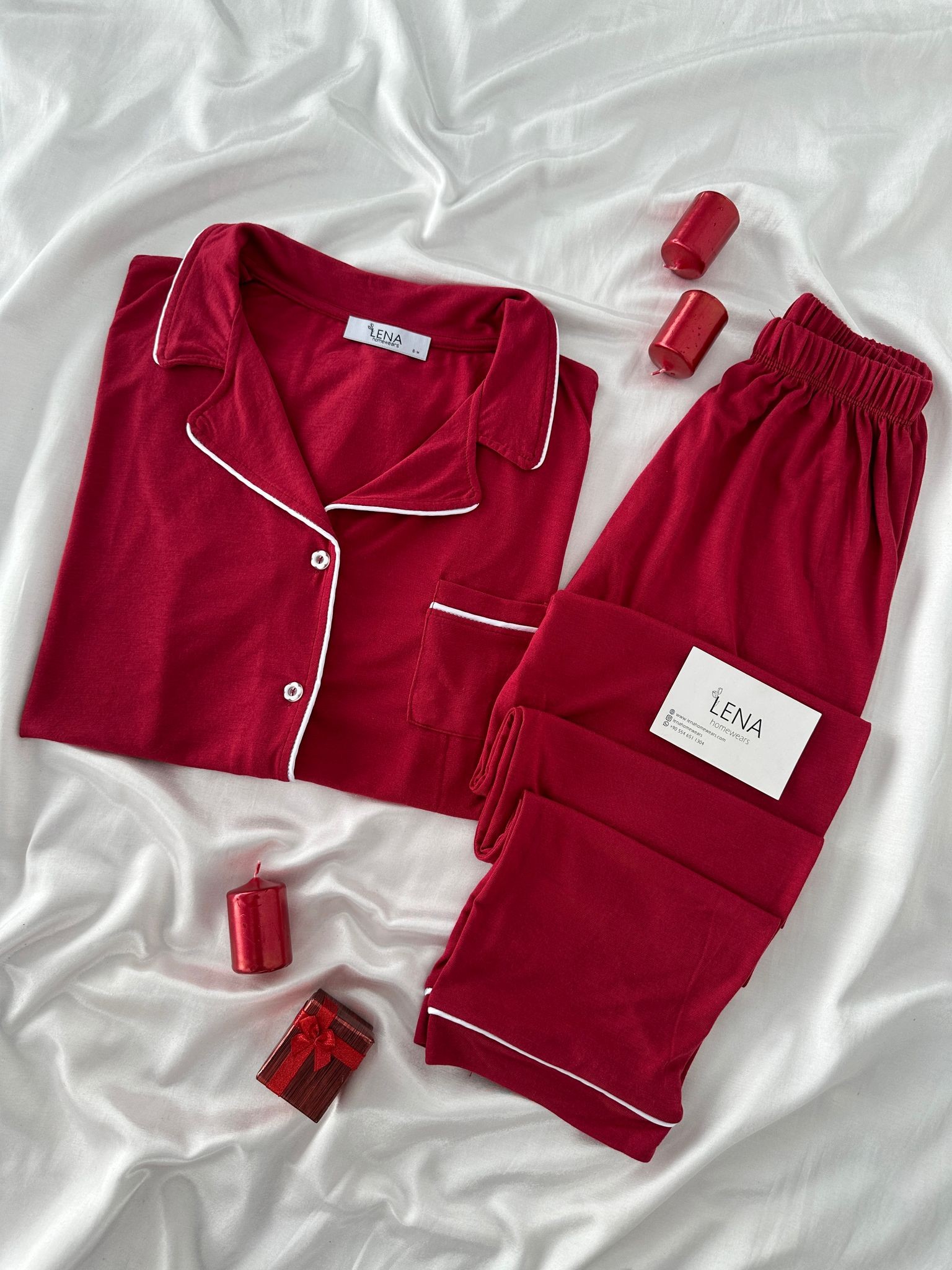 Bordo Biyeli Kısa Kollu Pijama Takımı