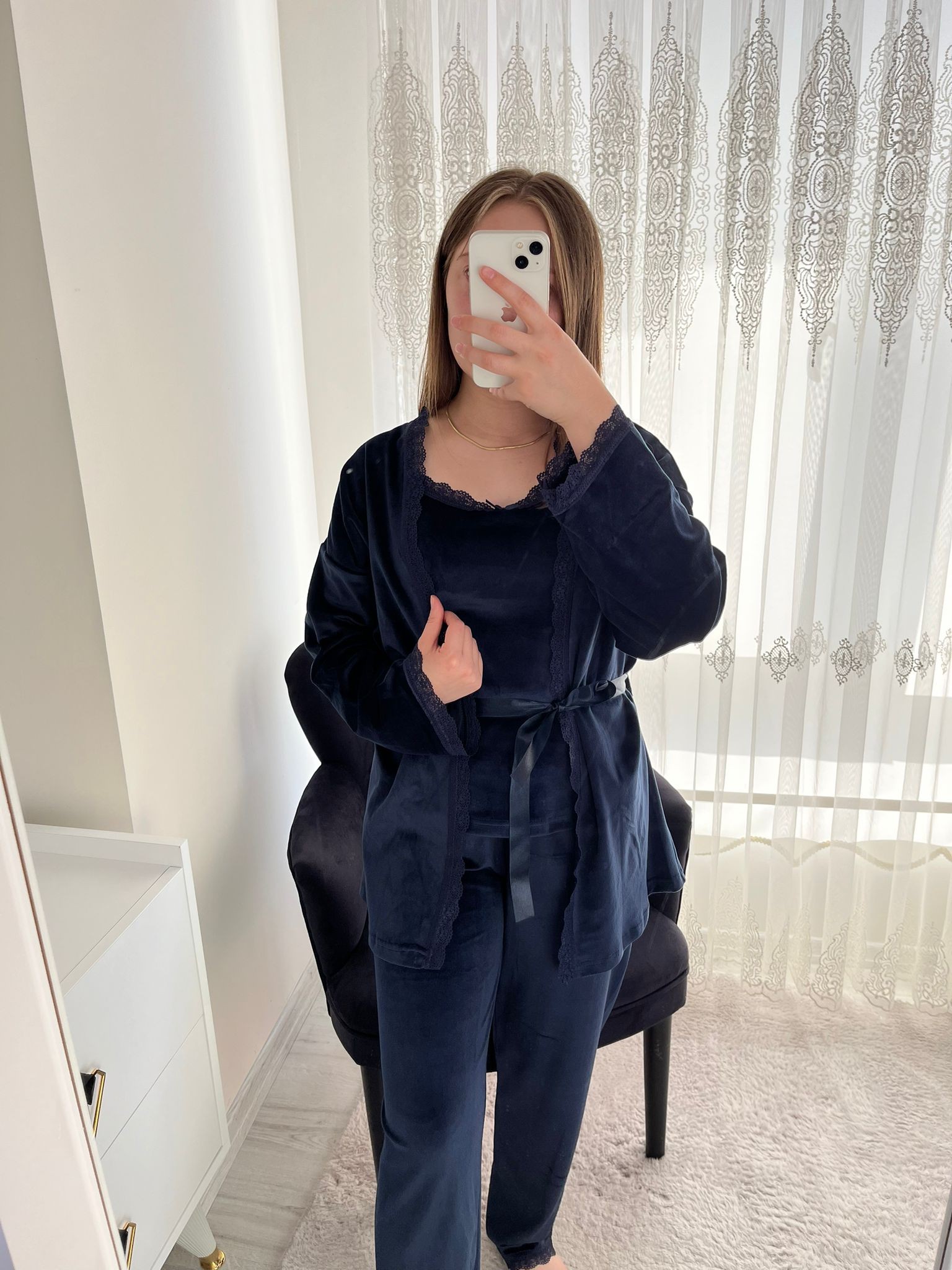 Lacivert Kadife Sabahlıklı 5’li Pijama Set