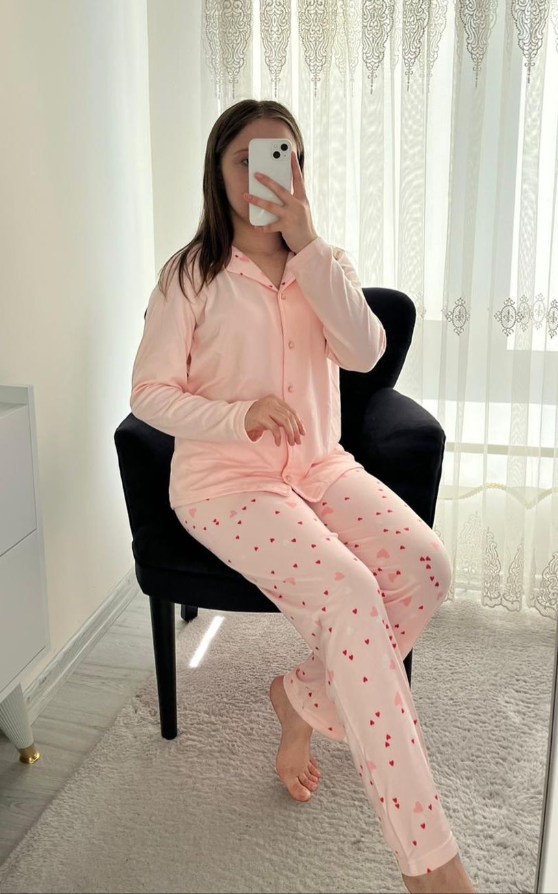 Teamo Pembe kalp Desenli Kadın Pijama Takımı 