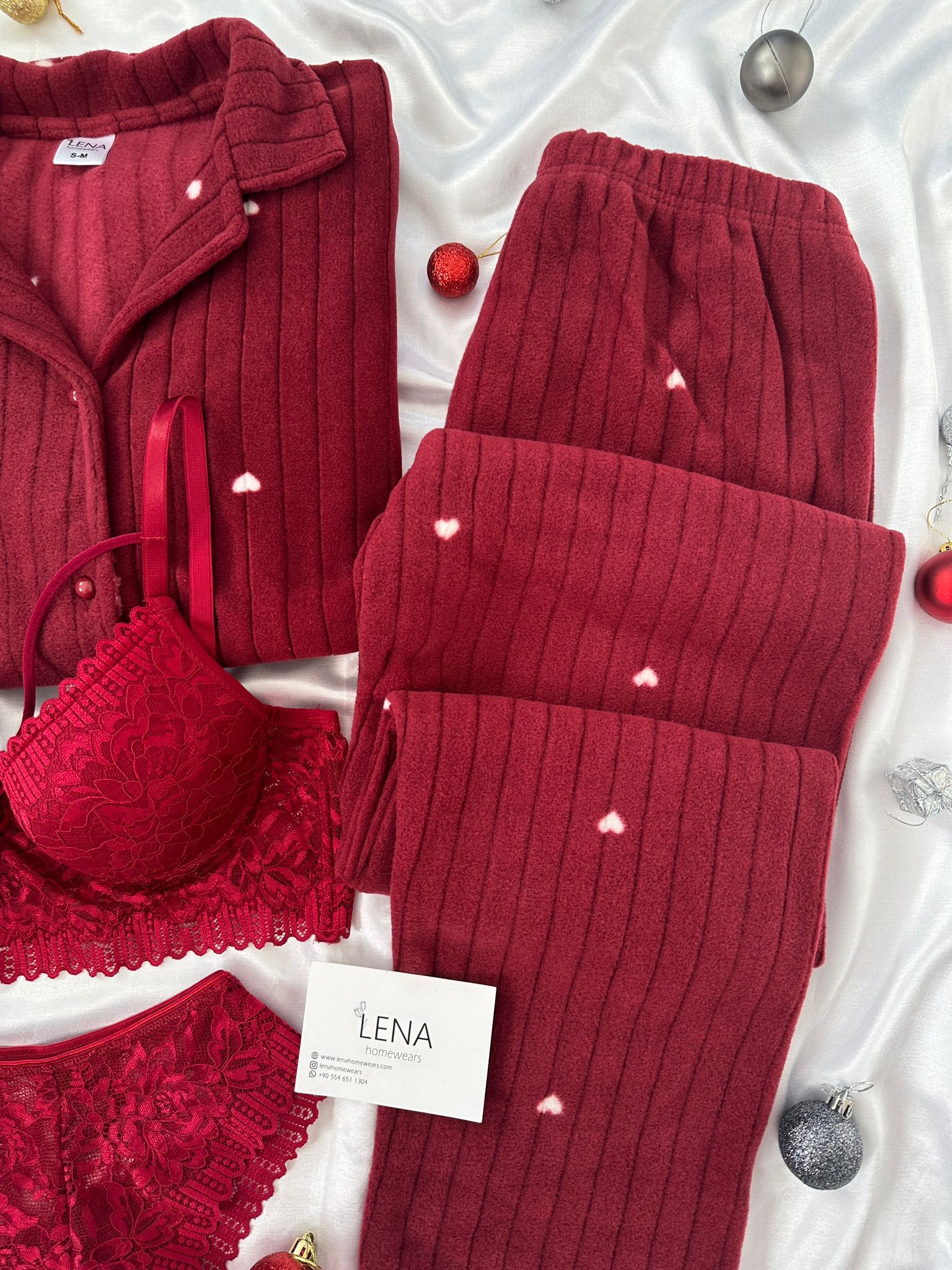 Bordo Pretty Kalp Yumoş Polar Dörtlü Pijama Seti