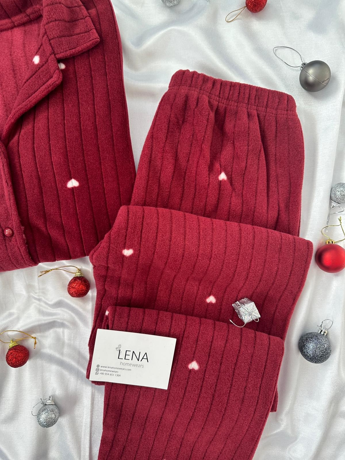 Bordo Pretty Kalp Yumoş Polar Pijama takımı 