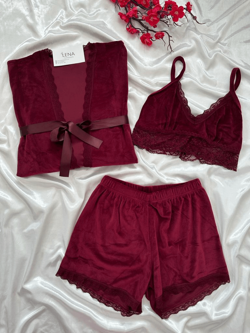 Bordo Love Crop Kadife Takım