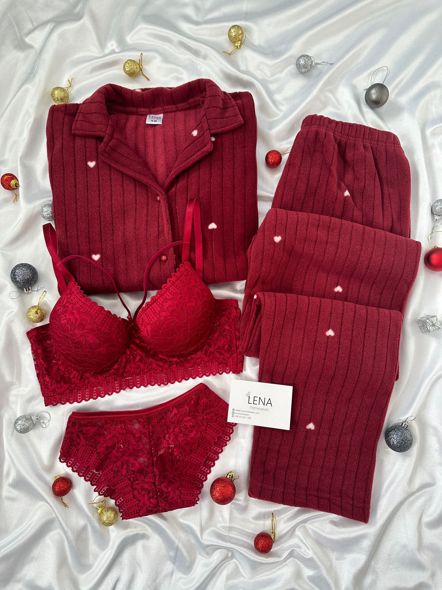 Bordo Pretty Kalp Yumoş Polar Dörtlü Pijama Seti