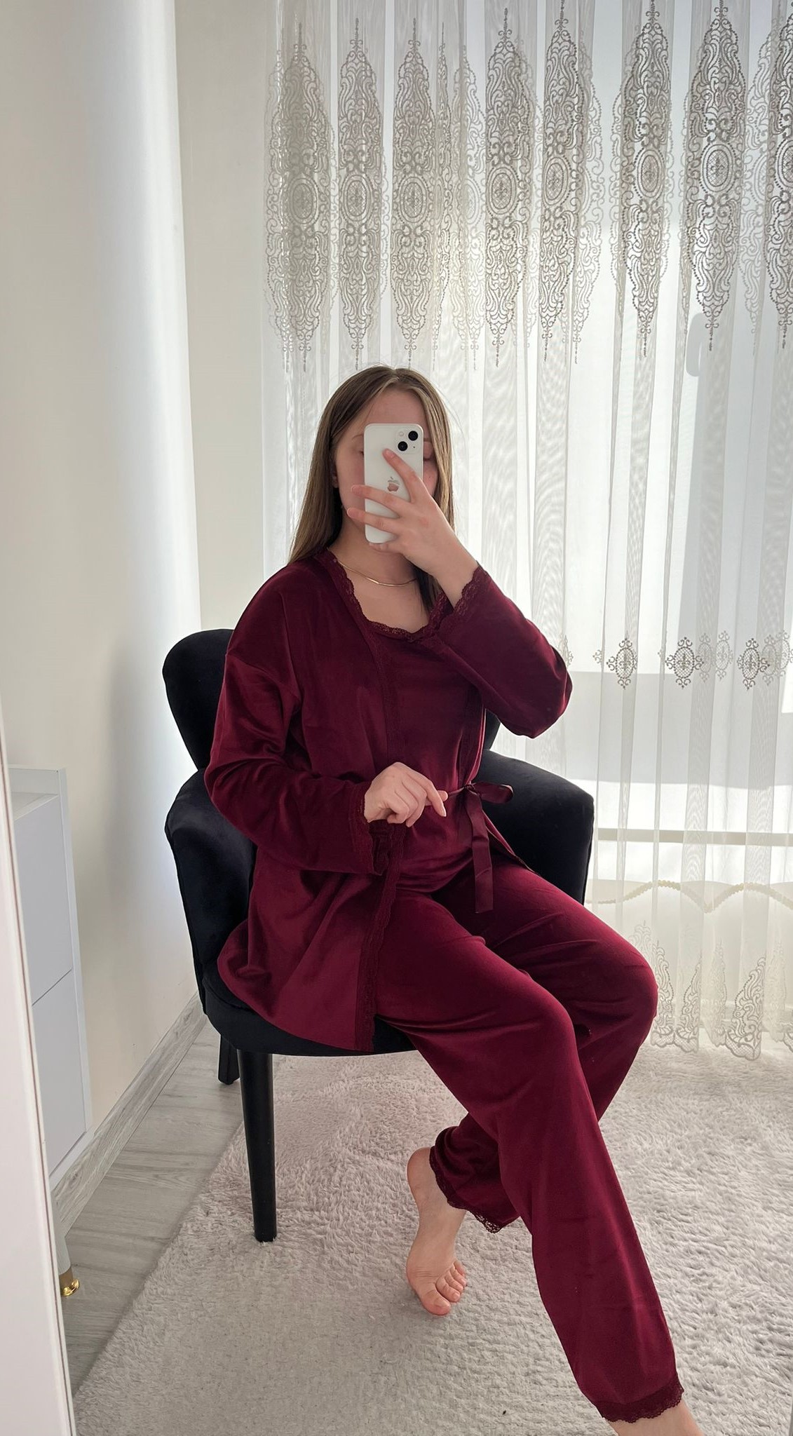 Bordo Kadife Sabahlıklı Kadın Pijama Takımı