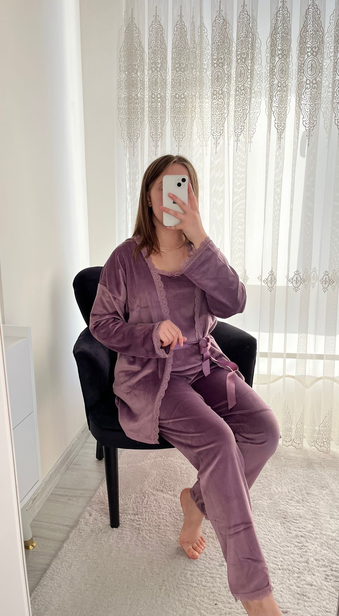 Lila Kadife Sabahlıklı Kadın Pijama Takımı