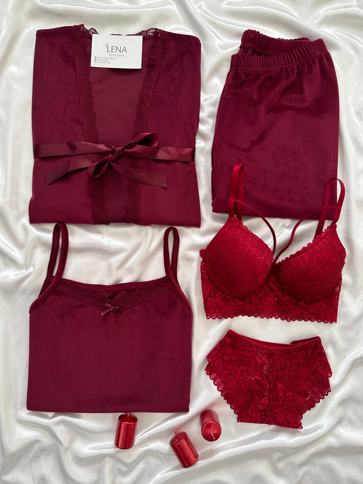 Bordo Kadife Sabahlıklı 5’li Pijama Set