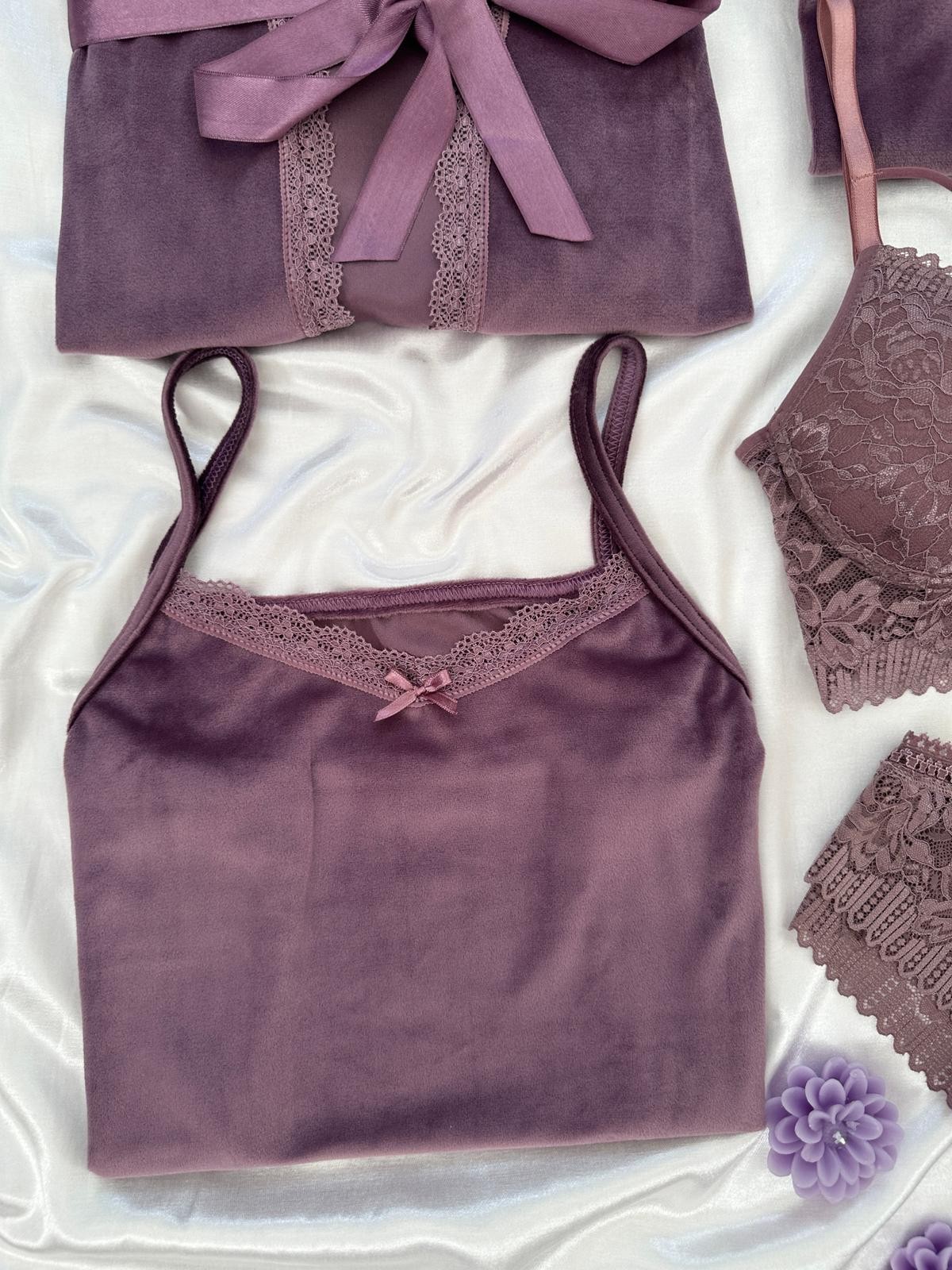 Lila Kadife Sabahlıklı 5’li Pijama Set