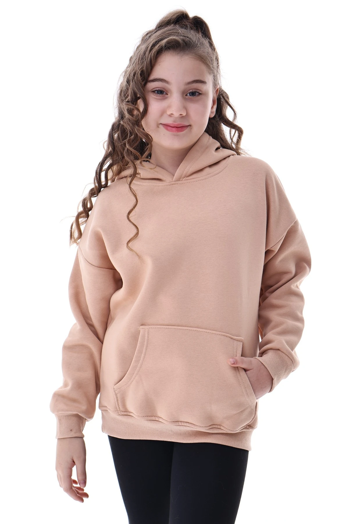 Unisex Çocuk Kapüşonlu Sweatshirt Rahat Günlük Spor Giyim Oversize Model Krem Renkli