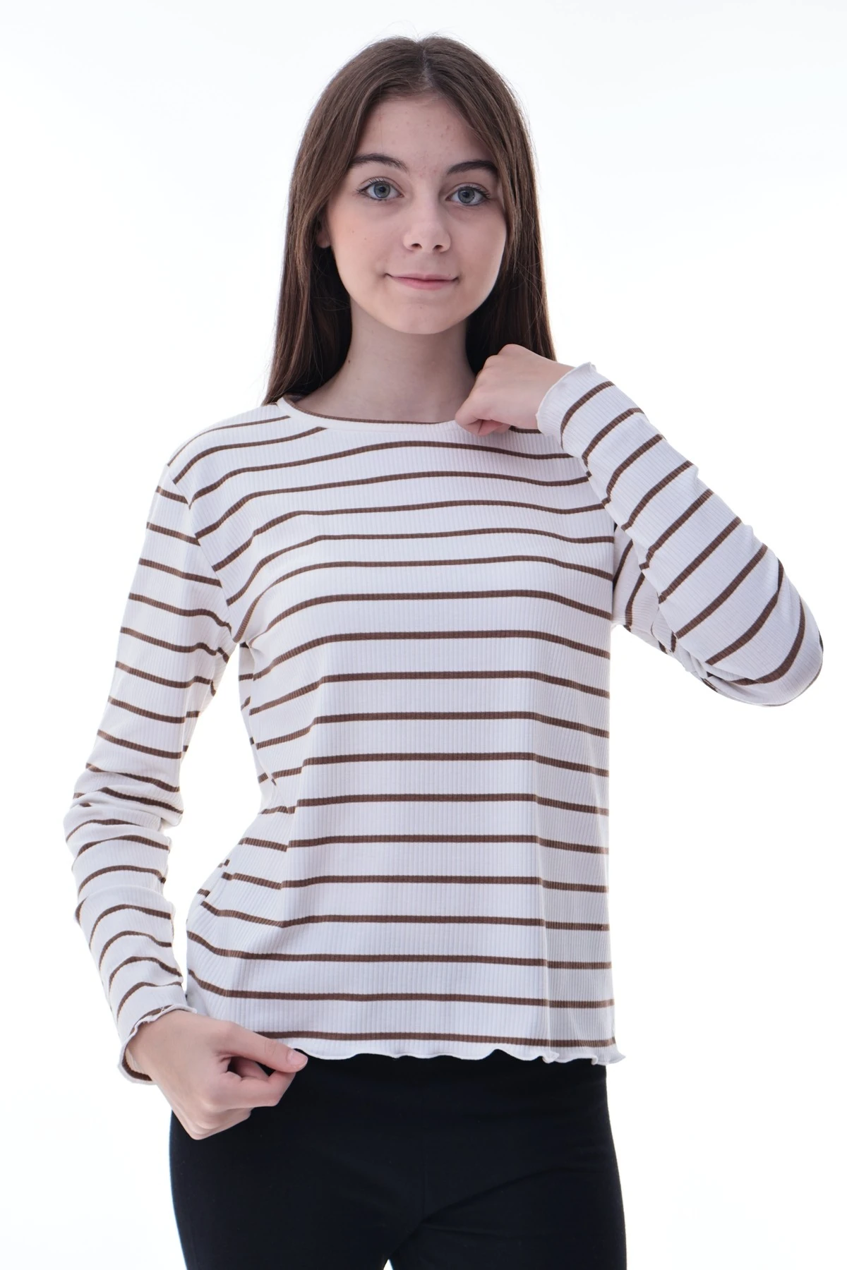 Kız Çocuk Çizgili Uzun Kollu Bluz – Fırfırlı Yaka, Rahat Günlük Giyim, Esnek Kumaş
