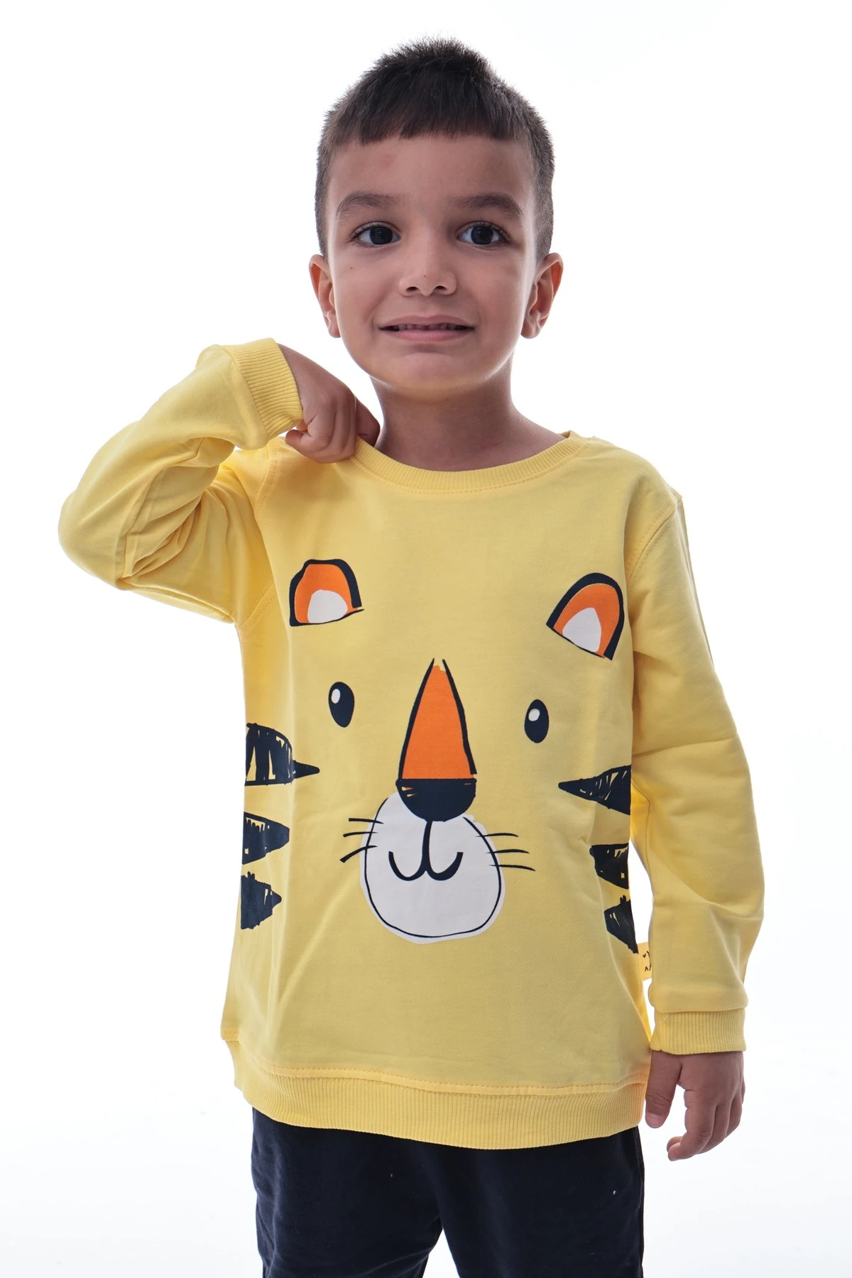 Erkek Çocuk Sarı Kaplan Baskılı Sweatshirt ve Lacivert Jogger Alt Takım | Rahat Günlük Kombin