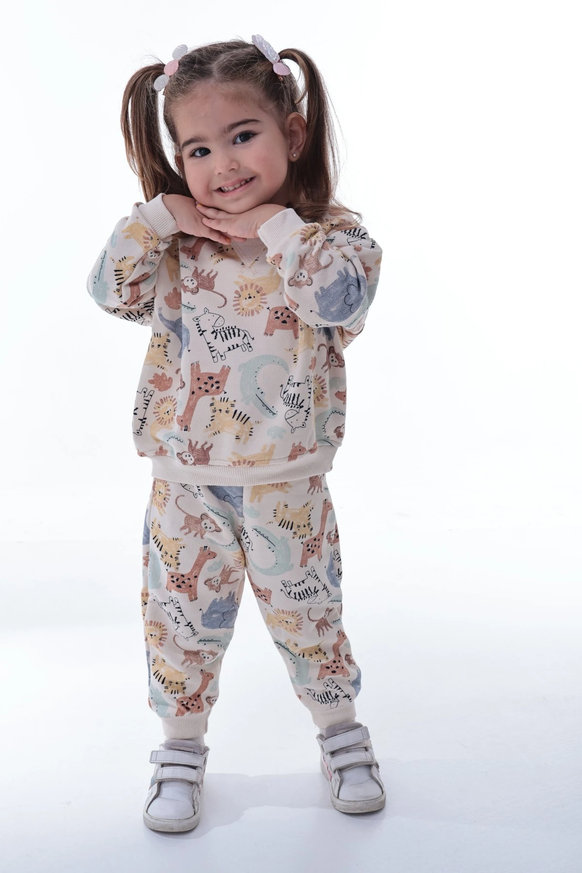 Kız Çocuk Renkli Hayvan Desenli Sweatshirt Jogger Takım | Yumuşak Rahat Günlük Giyim