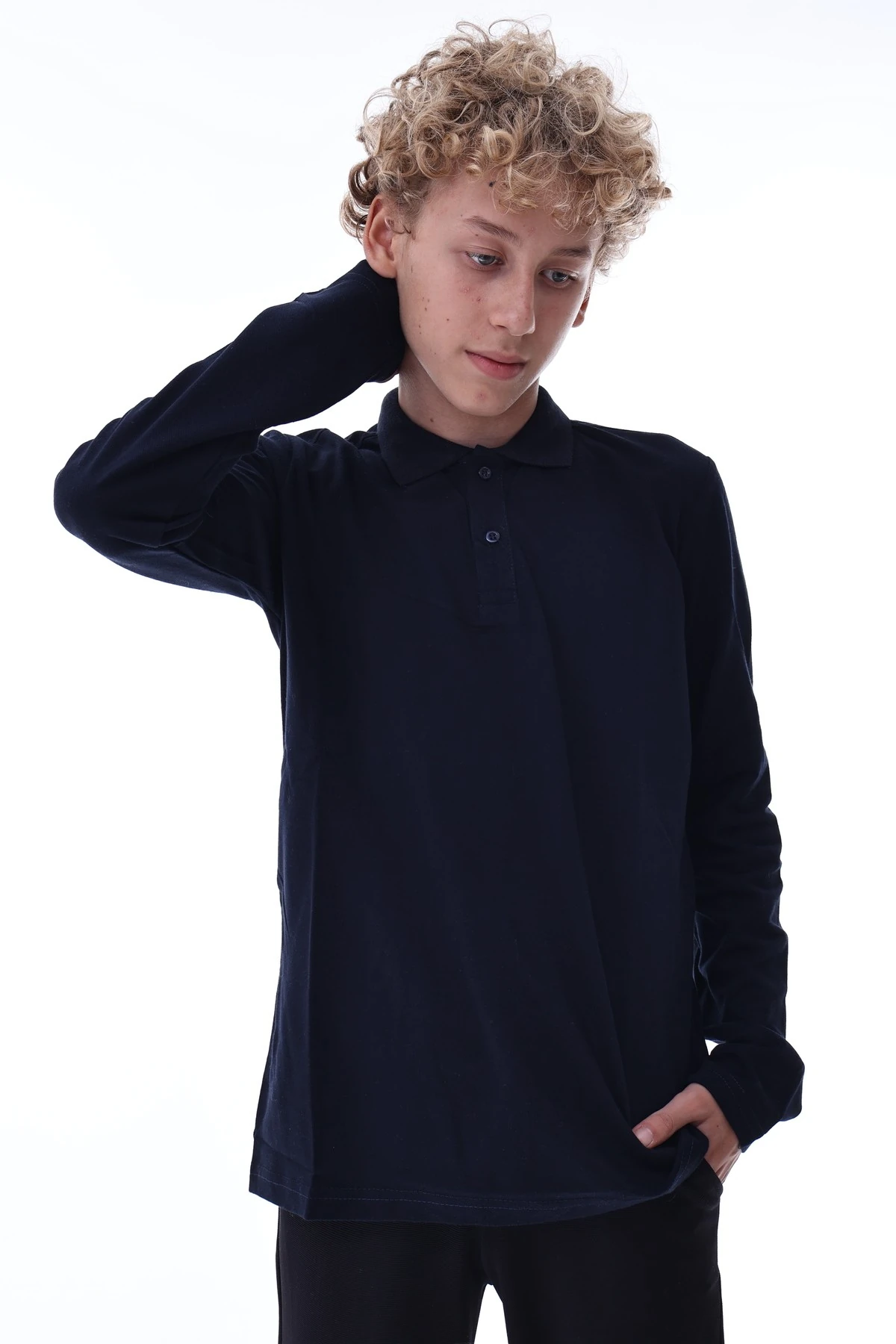 Erkek Çocuk Lacivert Uzun Kollu Polo Yaka Tişört – Pamuklu Rahat Günlük Çocuk Üst