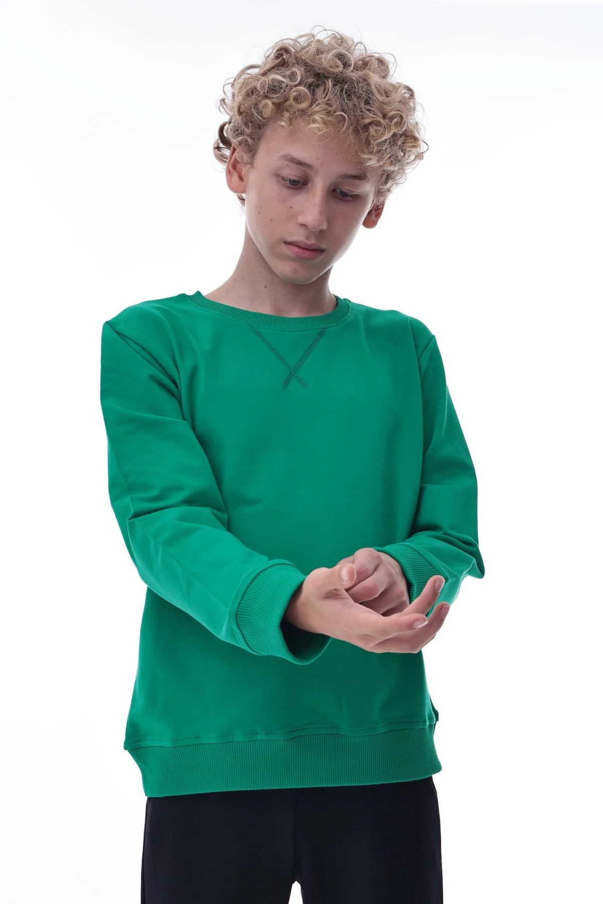 Yeşil Erkek Çocuk Sweatshirt – Rahat Kalıp Pamuklu İki İplik Kumaş