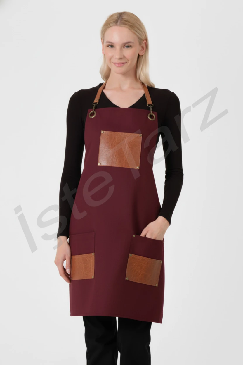 Deri Cepli Gabardin Önlük - Bordo