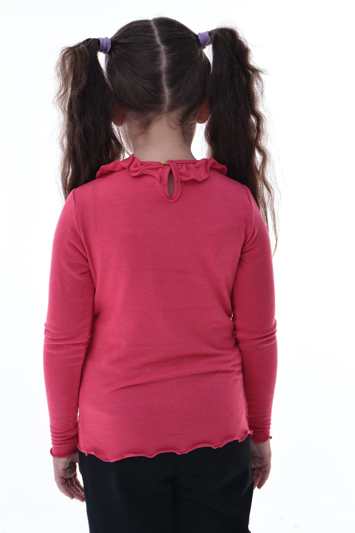 Kız Çocuk %100 Pamuk Uzun Kollu Fırfırlı Tişört – Pembe Rahat Esnek Günlük Basic Üst