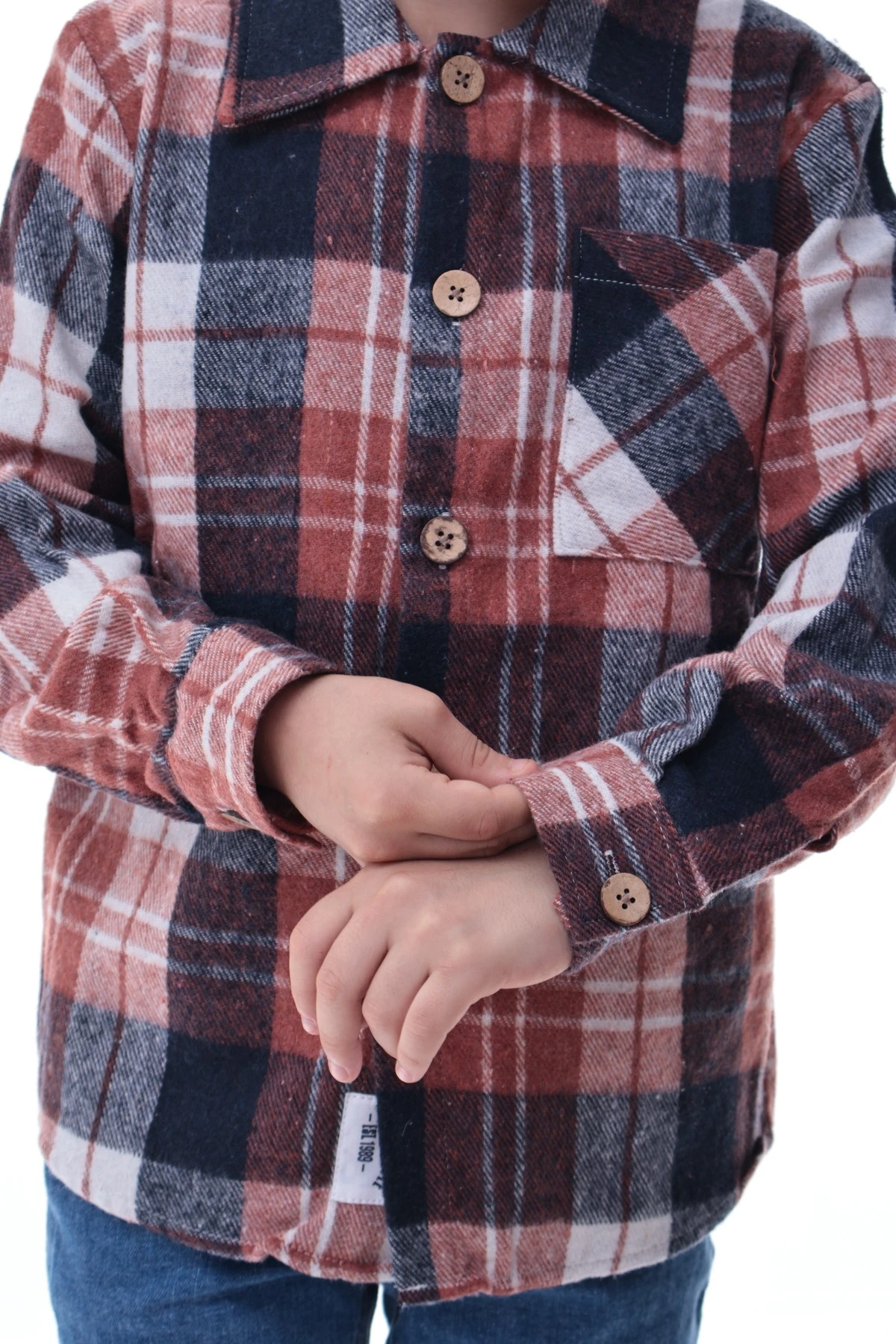 Kahverengi Lacivert Ekose Erkek Çocuk Oduncu Gömlek Düğmeli Kalın Kumaş