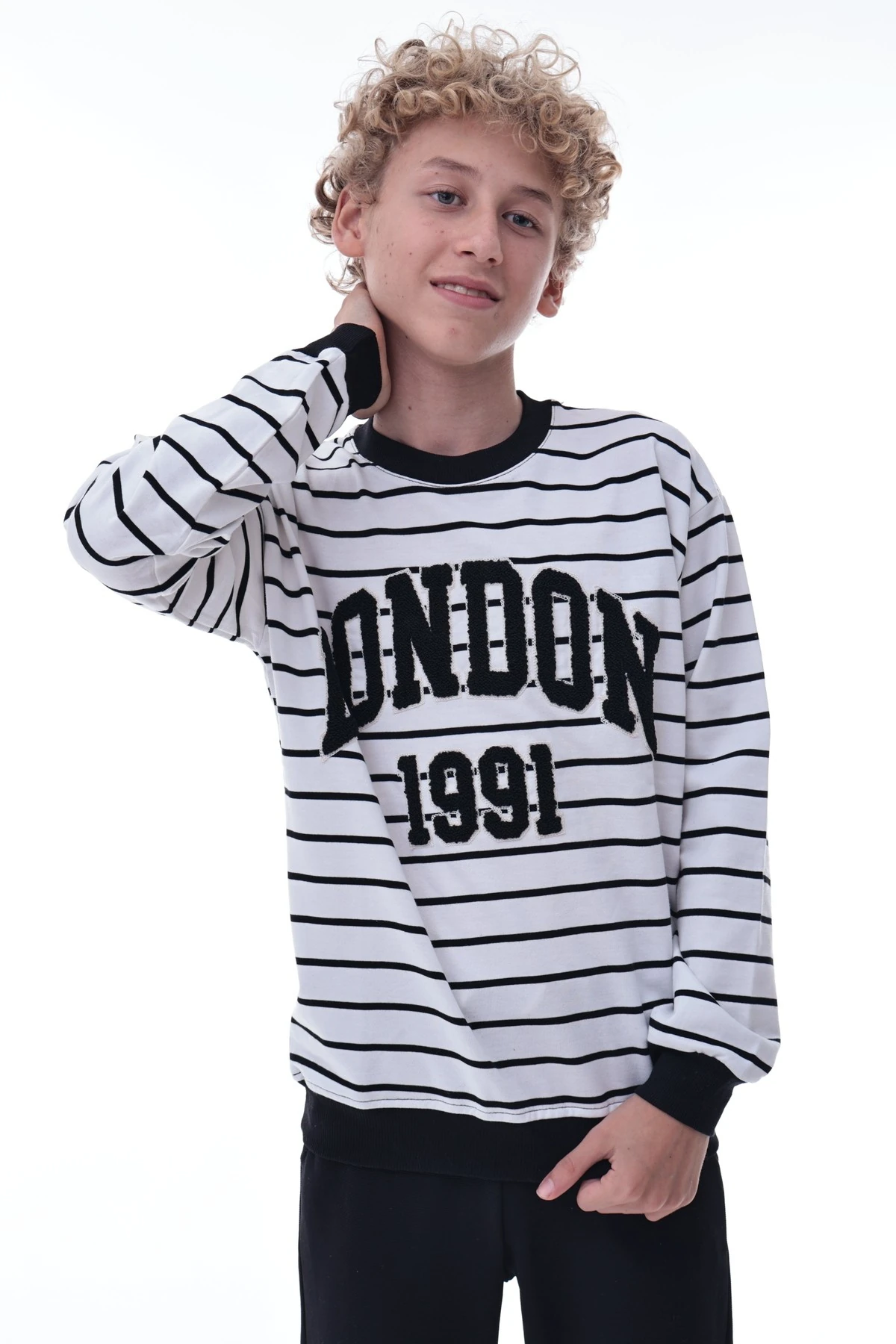 Erkek Çocuk London 1991 Baskılı Çizgili Sweatshirt – Siyah Beyaz Pamuklu