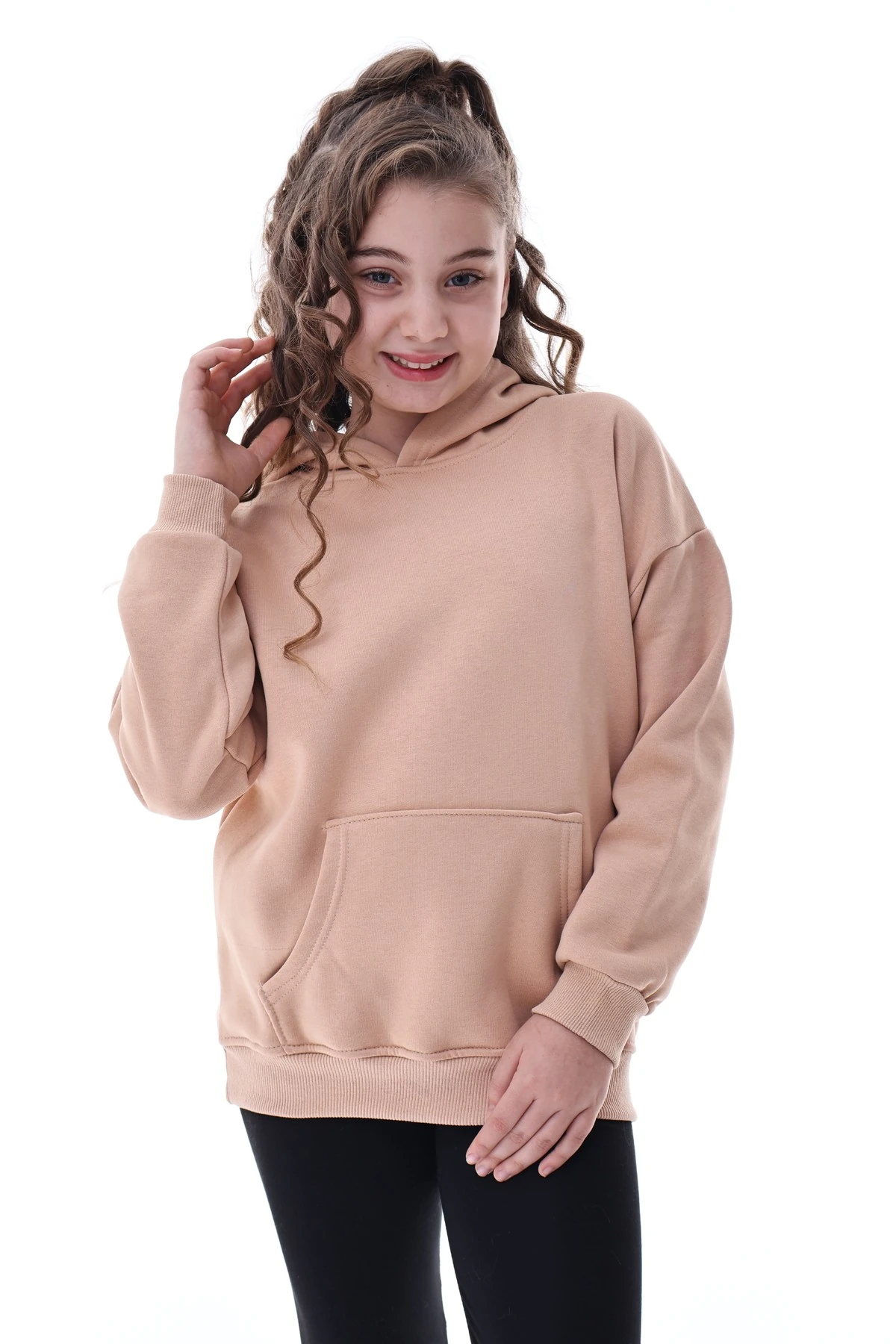 Unisex Çocuk Kapüşonlu Sweatshirt Rahat Günlük Spor Giyim Oversize Model Krem Renkli