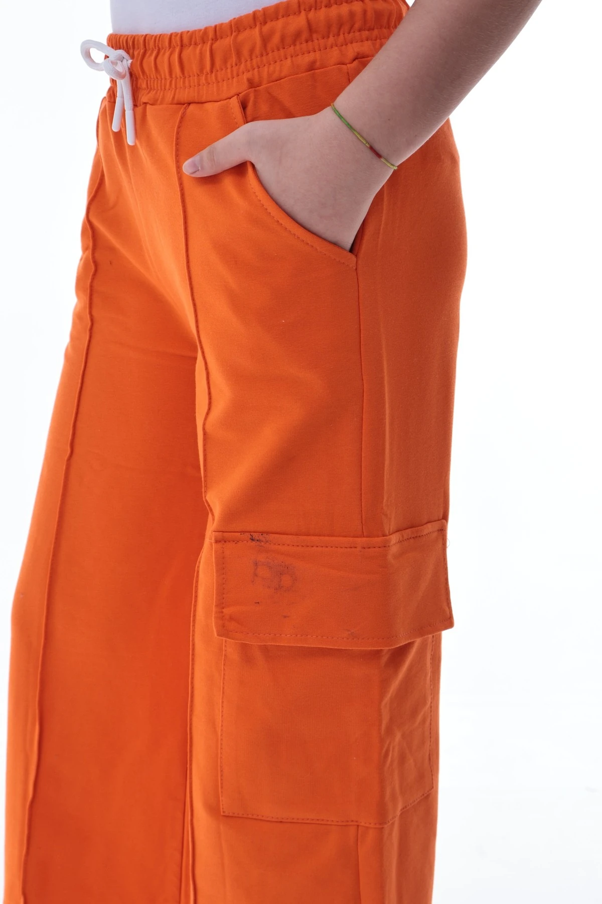 Kız Çocuk Turuncu Kargo Geniş Paça Eşofman Altı 5-14 Yaş Rahat Günlük Pantolon