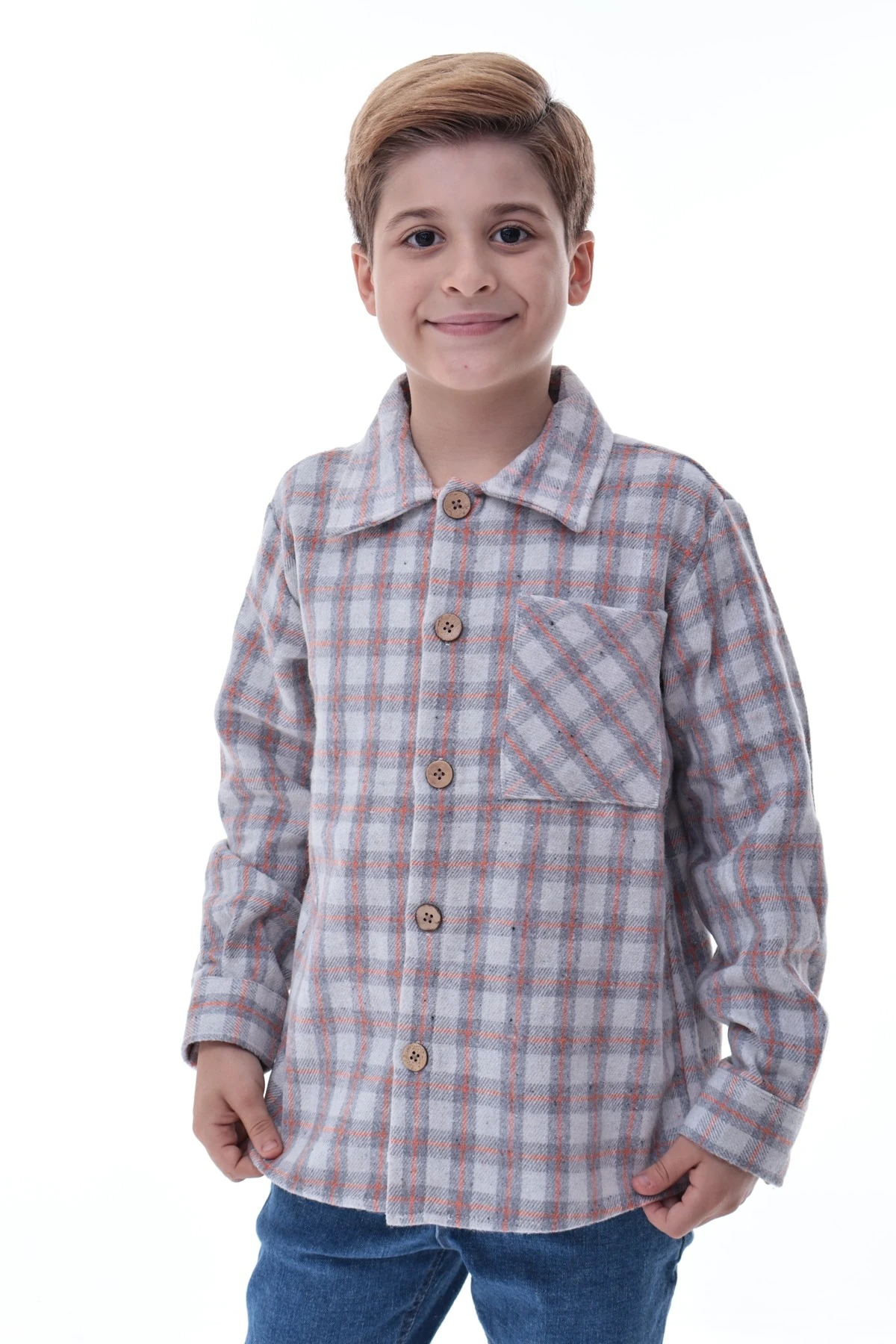 Gri Turuncu Ekose Erkek Çocuk Oduncu Gömlek Düğmeli Rahat Kalıp