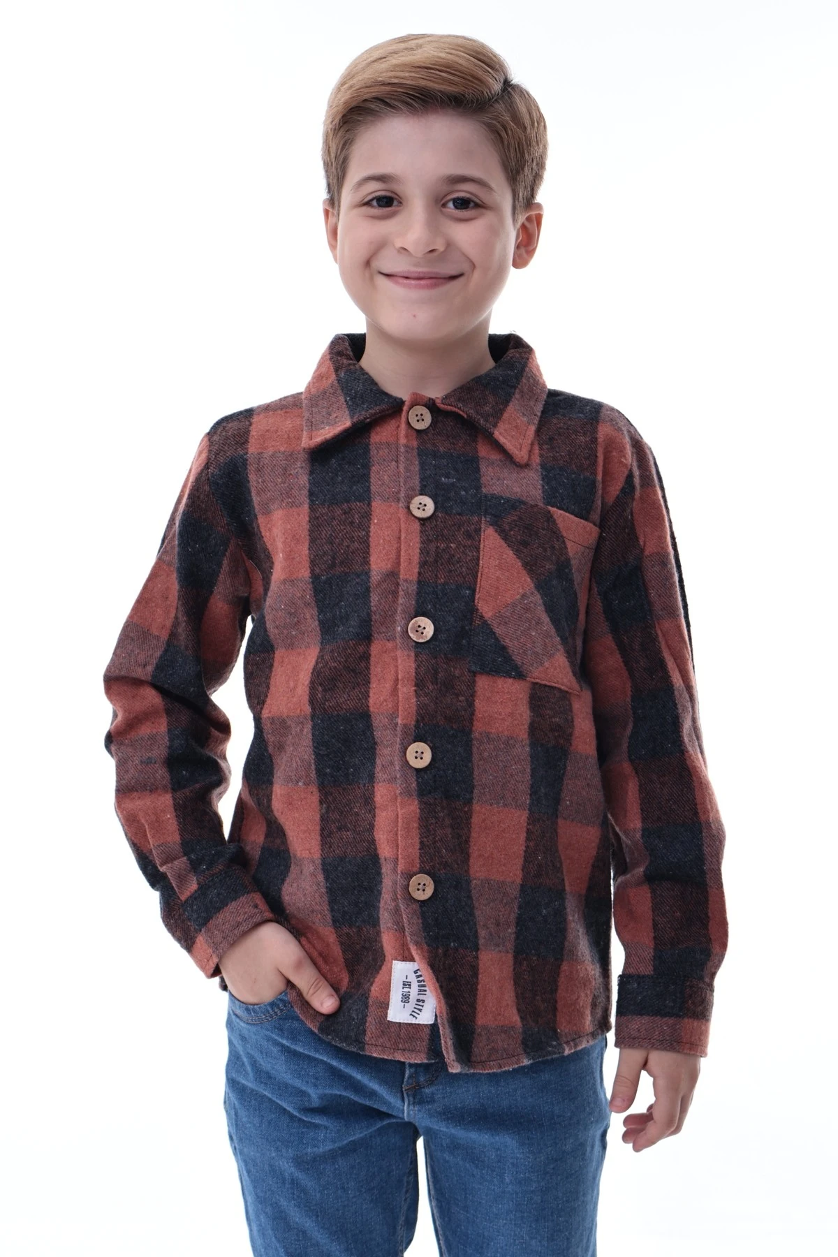 Kahverengi Ekose Erkek Çocuk Oduncu Gömlek Düğmeli Rahat Kalıp
