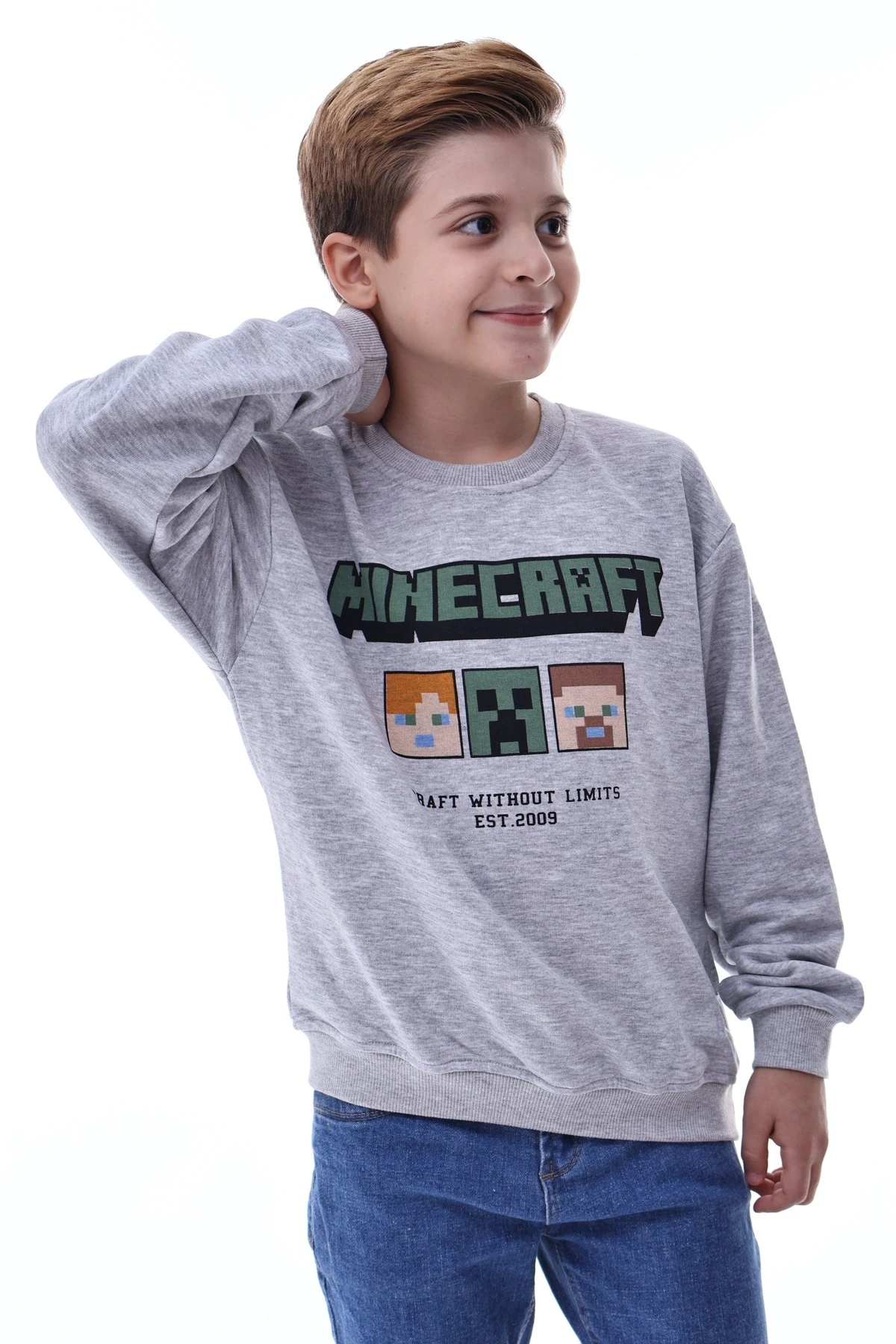 Minecraft Baskılı Erkek Çocuk Sweatshirt Gri Gamer Oyun Temalı
