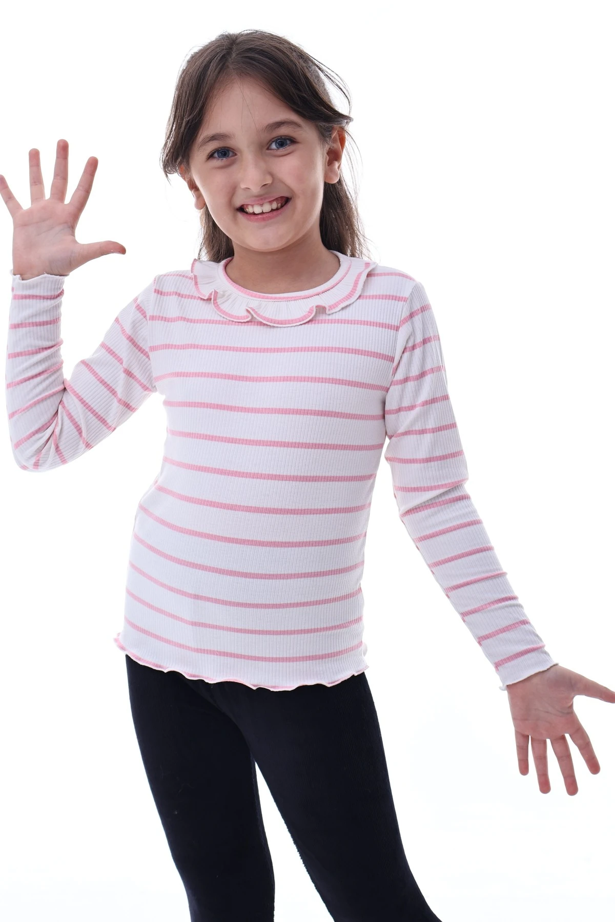 Kız Çocuk Çizgili Fırfır Yaka Uzun Kollu Pembe Ribana Tişört – Şık ve Rahat