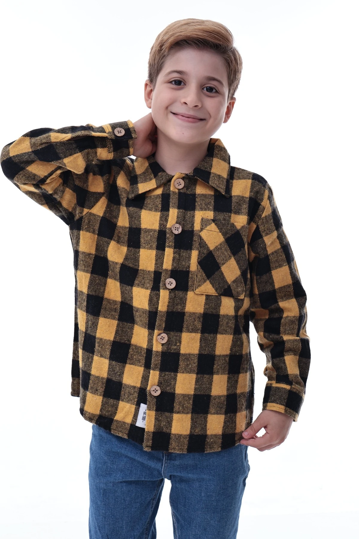 Sarı Siyah Ekose Erkek Çocuk Oduncu Gömlek Kalın Kumaş Düğmeli